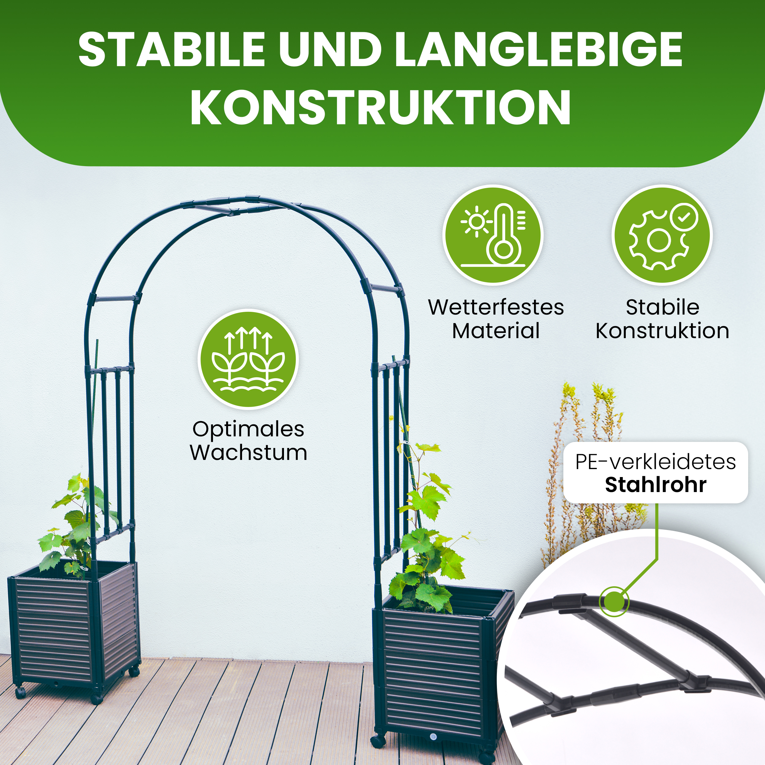 02tZfvbwLnf7sLN Rosenbogen Set mit 2 Pflanzkästen auf Rädern 245 cm hoch Rankhilfe für Kletterpflanzen Blumen