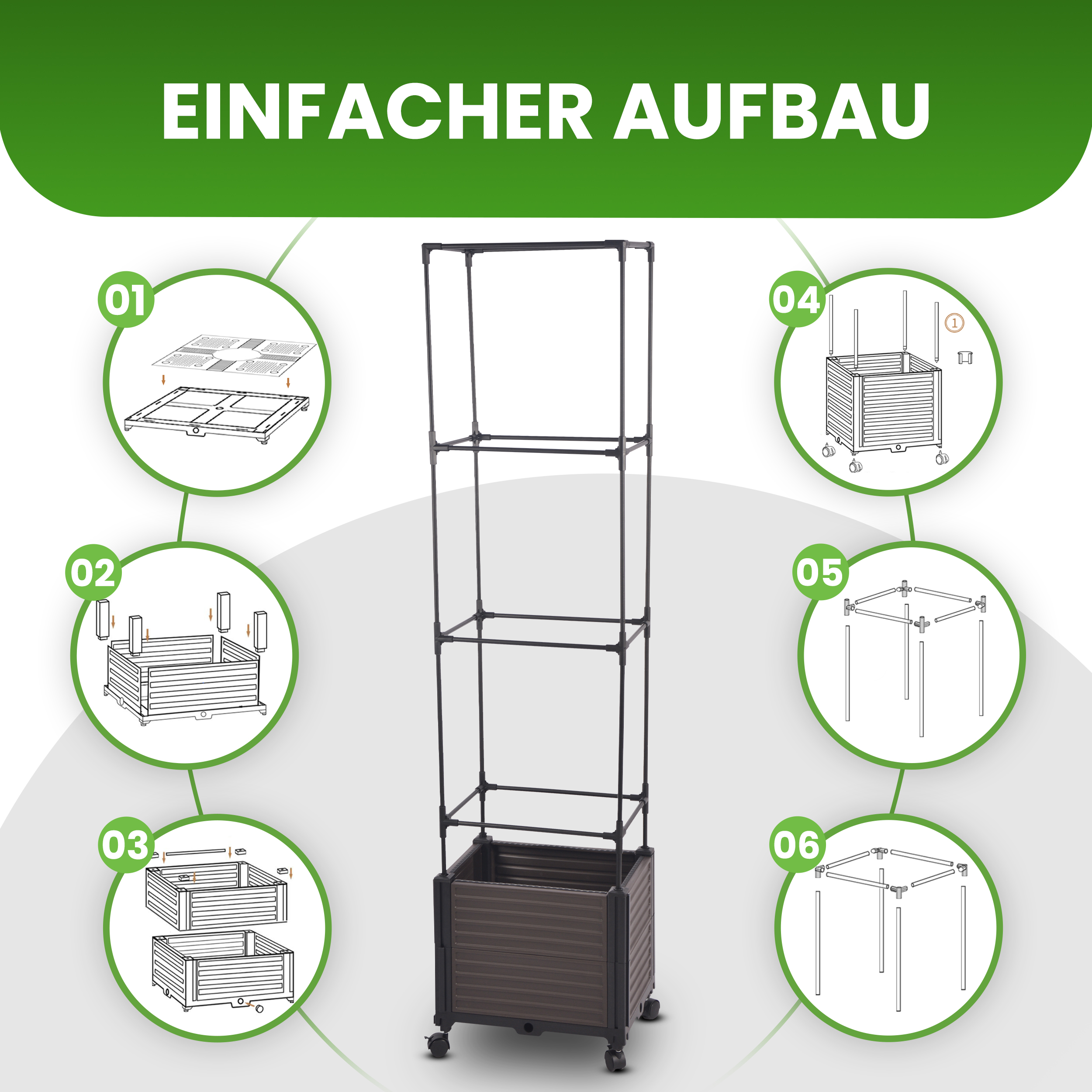 05q7ekfNosboH3P Blumenkasten mit Rankhilfe quadratisch 4 Ebenen 43x30xH165 cm Pflanzgefäß auf Rädern