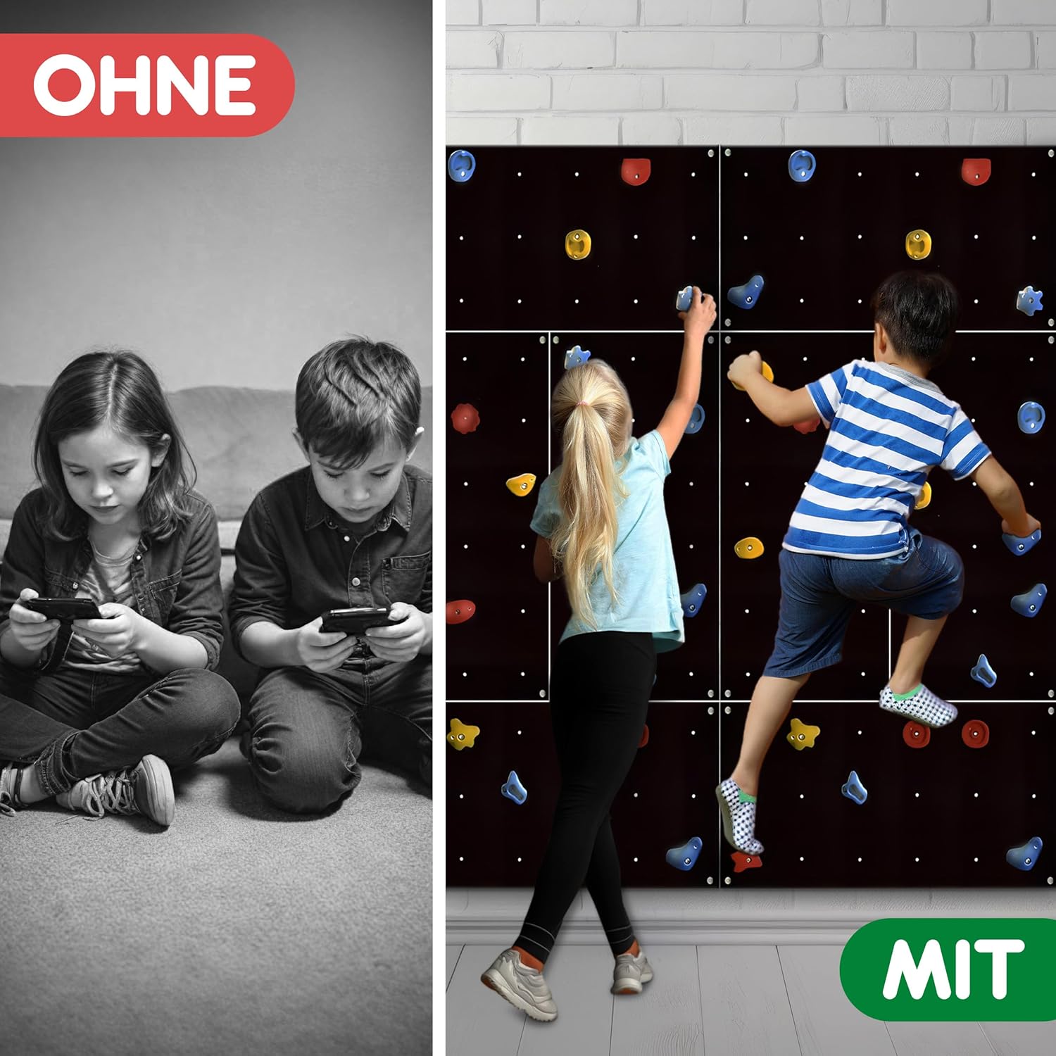b4Mh1HpxjssV8NS Kletterwand Outdoor mit bunten Klettersteinen und Montagematerial für Kinder und Erwachsene