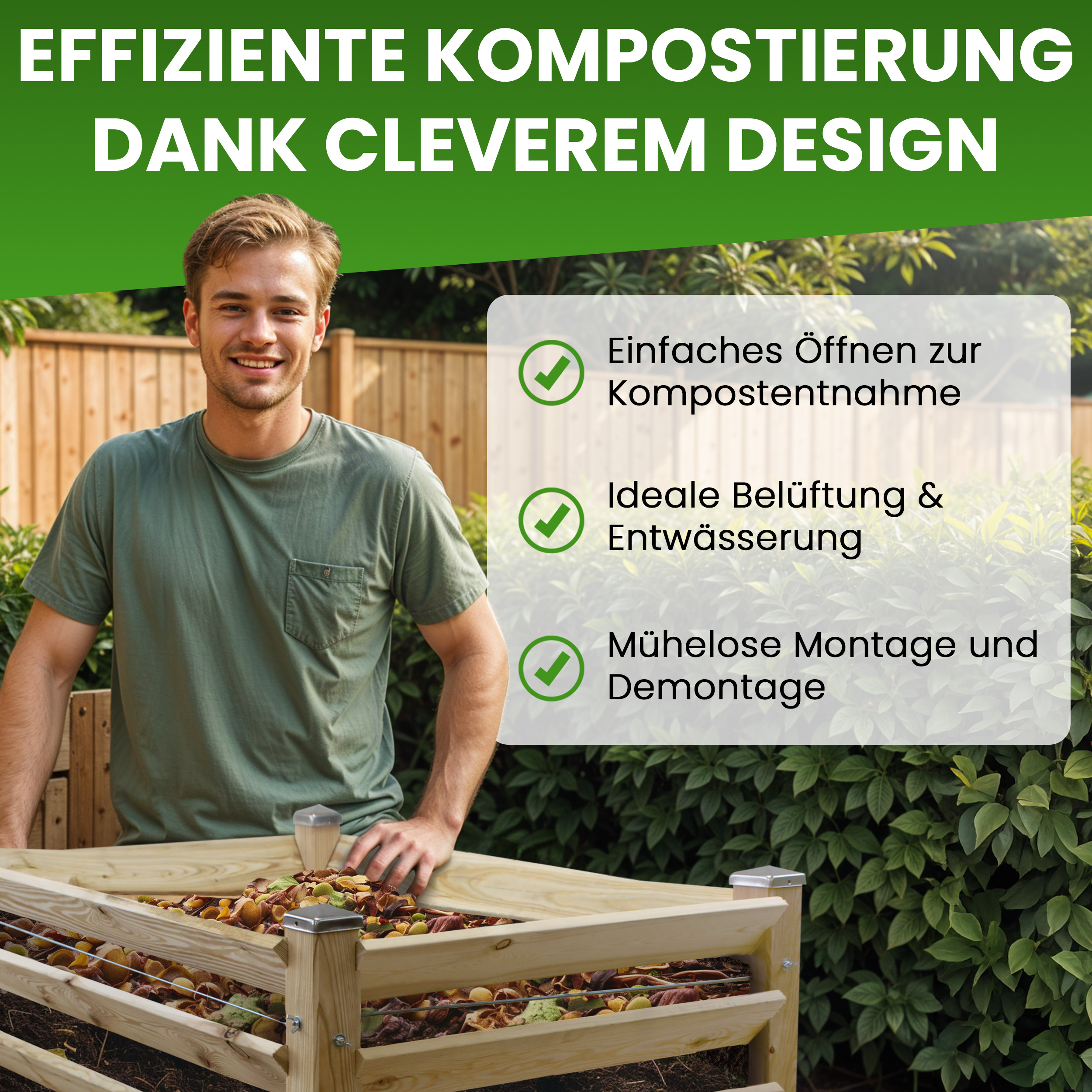 Moderner Komposter Trio 80x226xH80 cm aus Lärchenholz Massivholz Steckkomposter Kompostsilo Holzkomposter