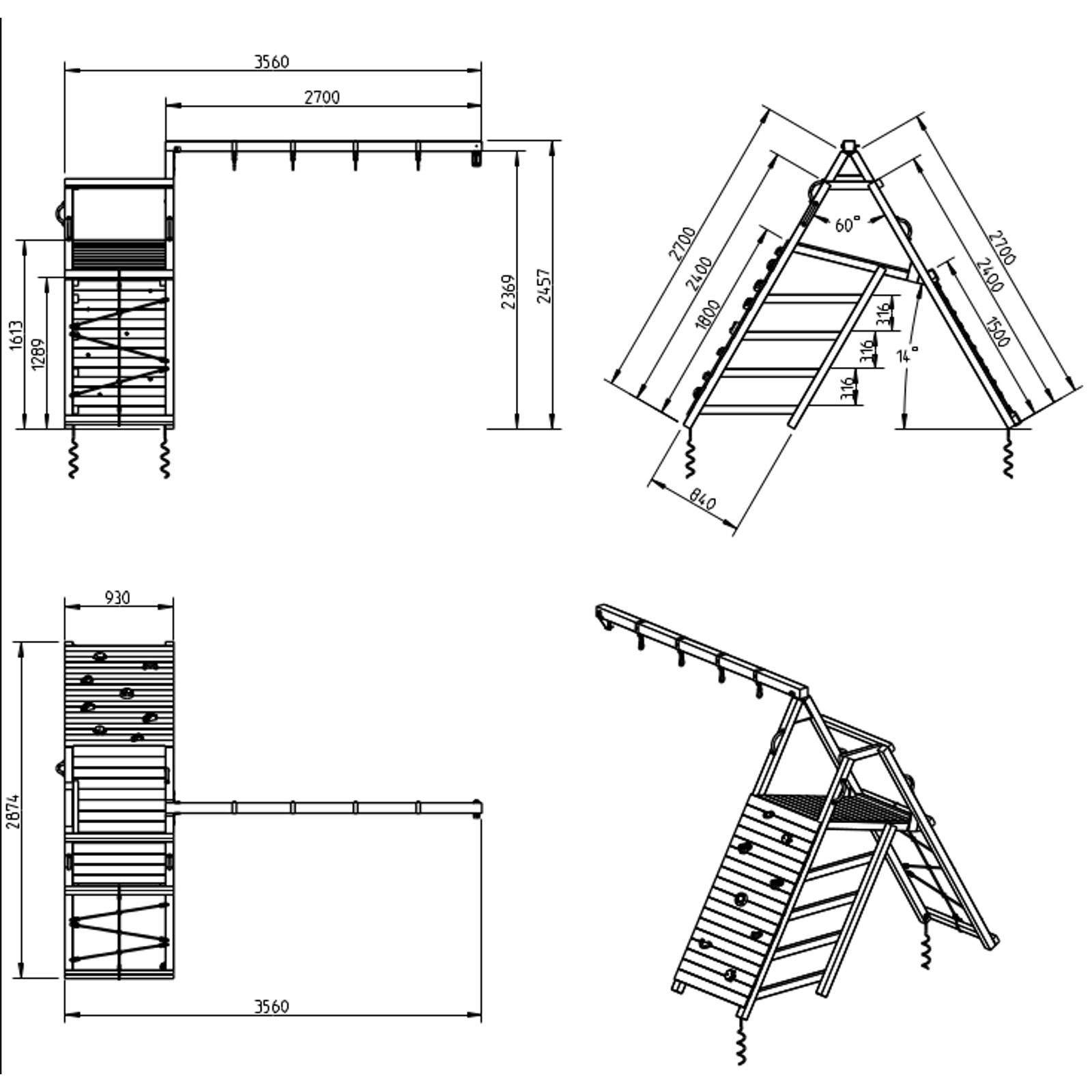 challenger Anbaumodul Kletterwand mit Schaukelbalken 270 cm Höhe 245 cm Lärche natur