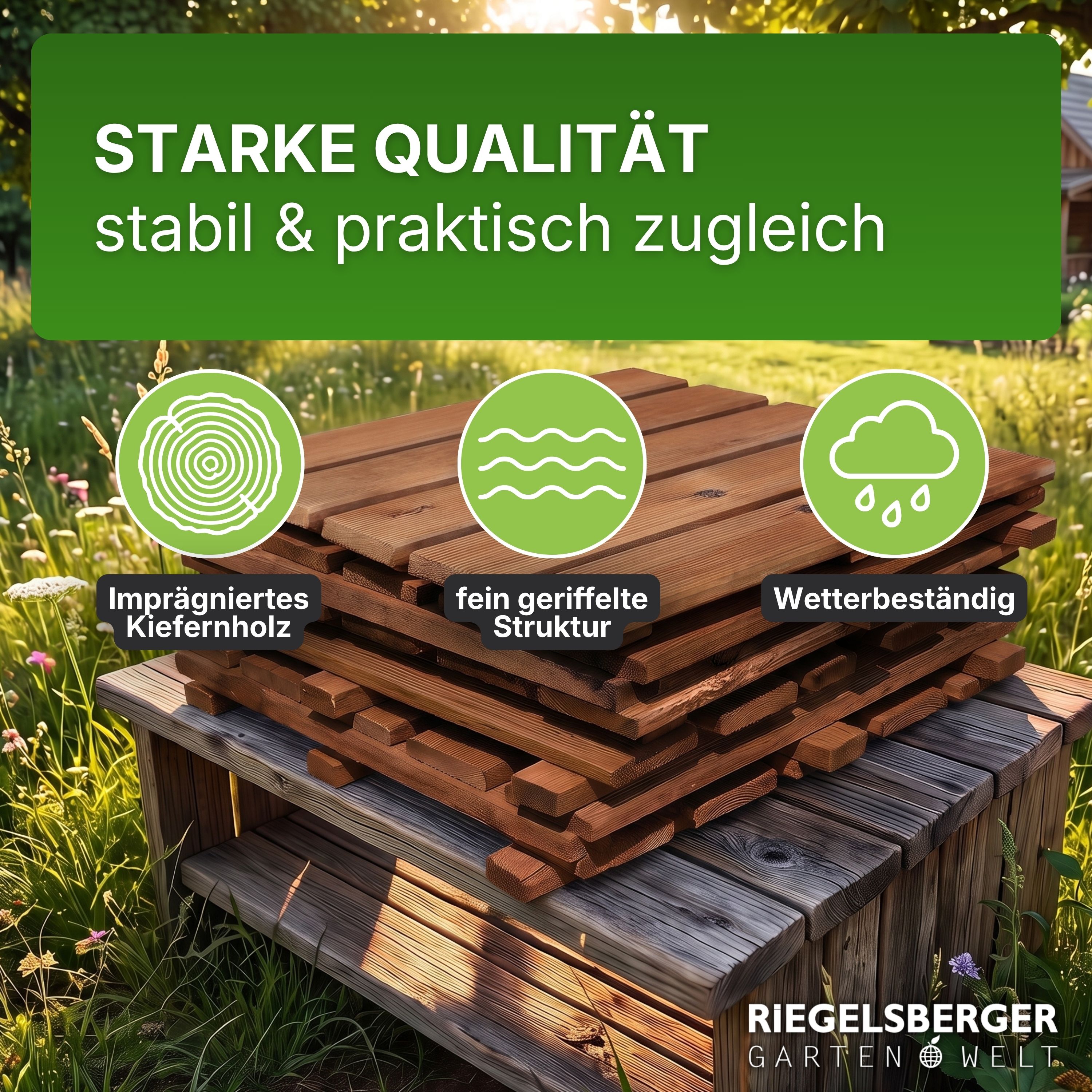 Terrassenfliese aus Kiefernholz BRAUN imprägniert 50x50cm Holzfliese Balkonfliese Fliese Terrasse