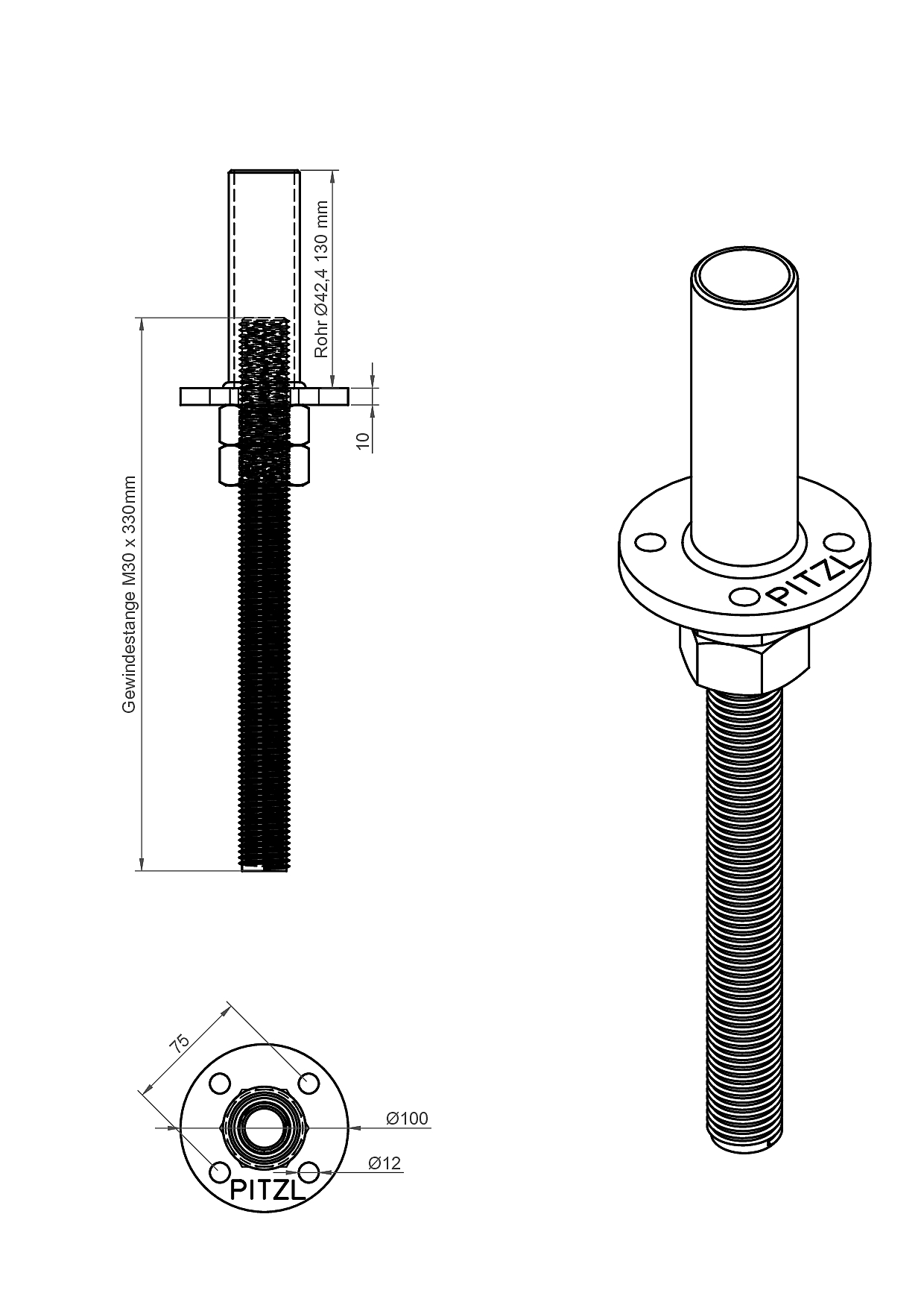 Pitzl Pfostenträger zum Einbetonieren starre Ausführung mit Rohr