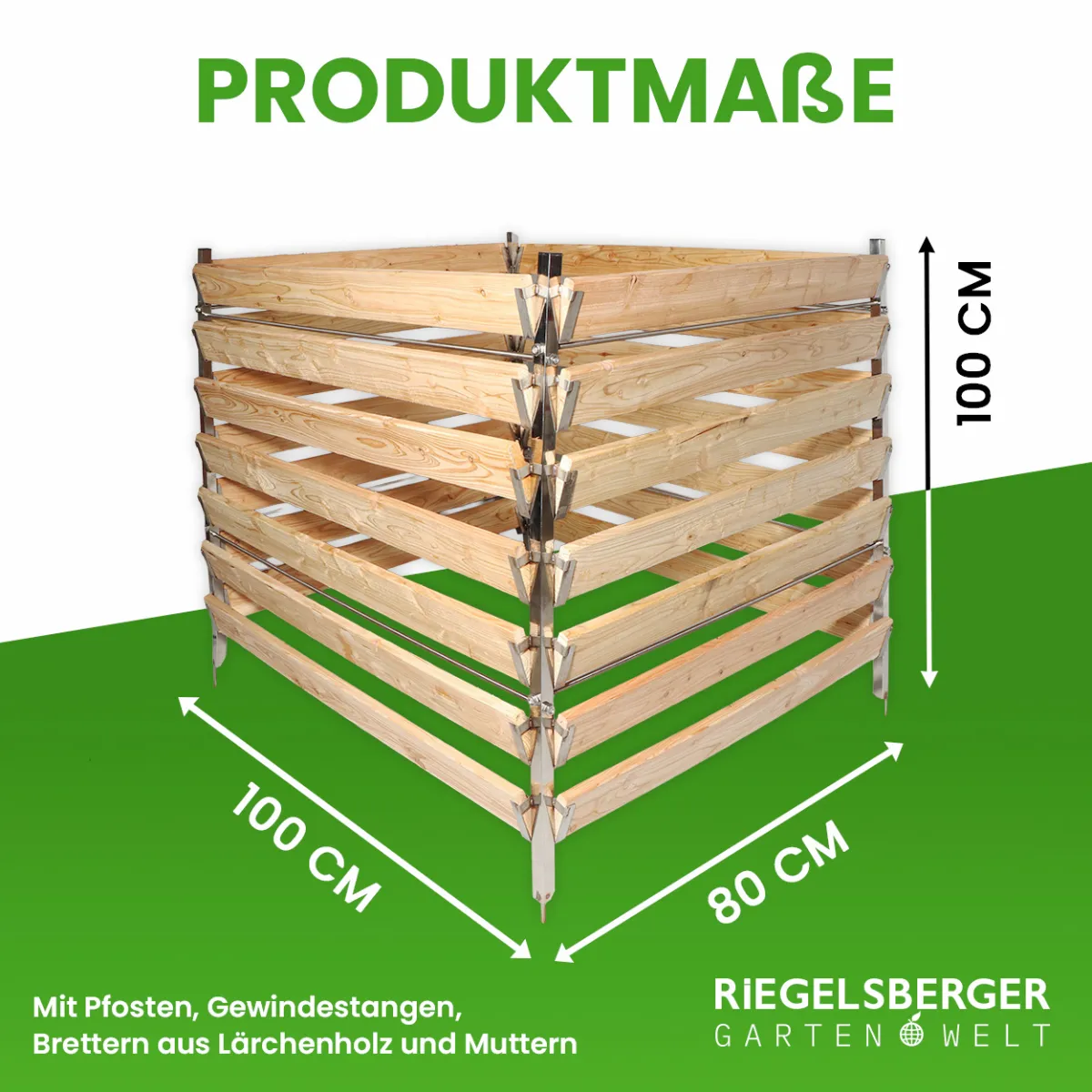 Eleganter Komposter Single 80x100xH100 cm aus Lärche mit Edelstahlpfosten