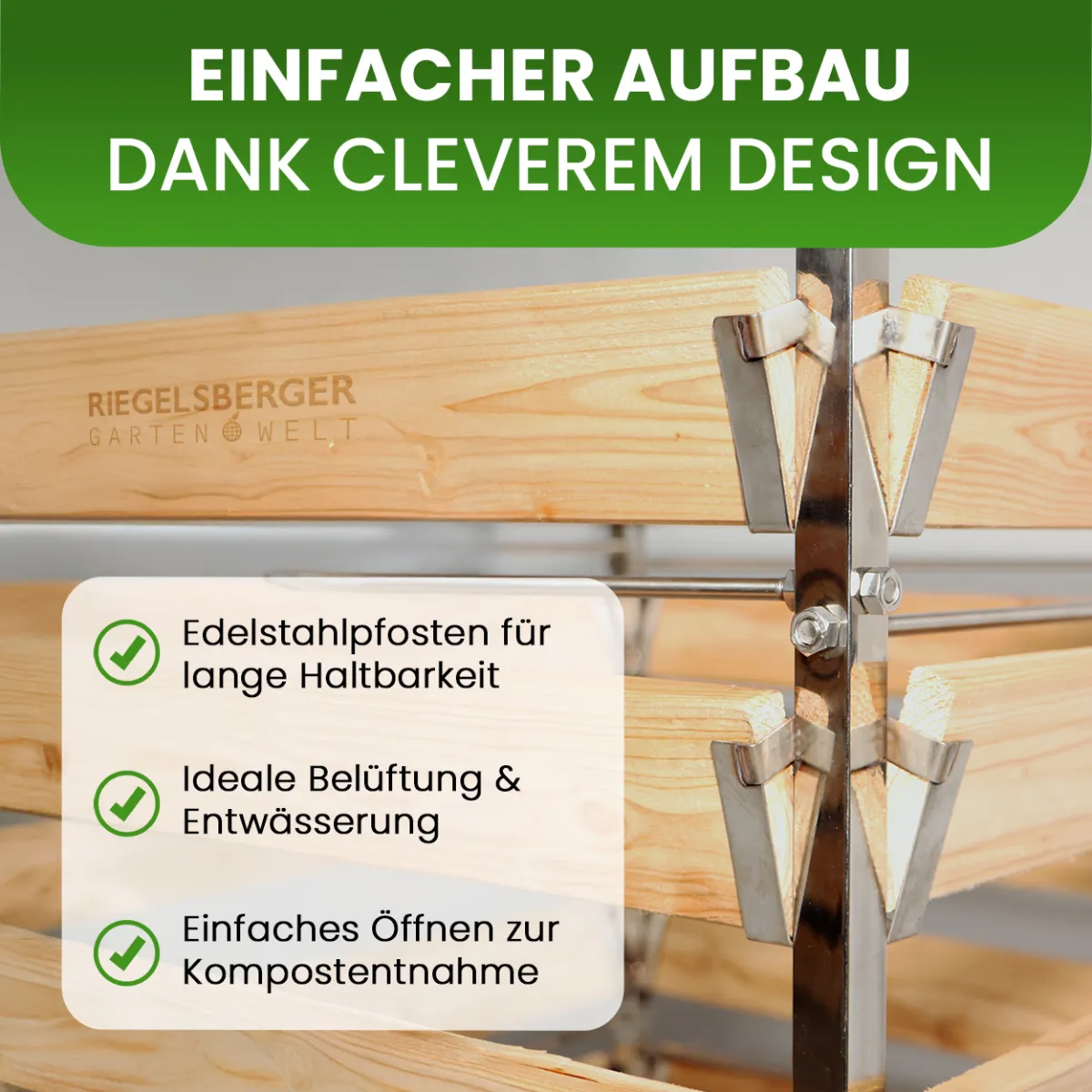 Eleganter Komposter Single 80x100xH80 cm aus Lärche mit Edelstahlpfosten
