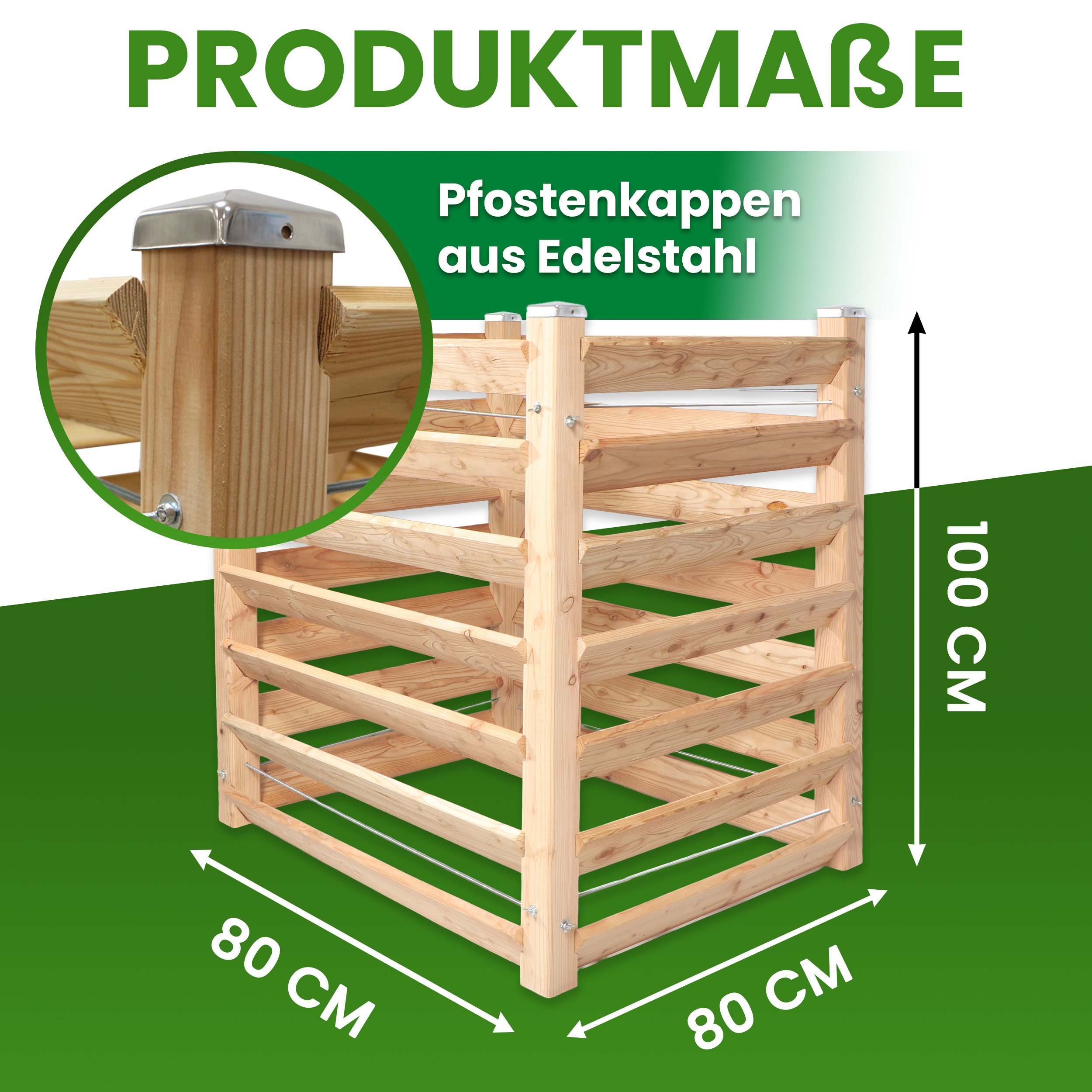 Moderner Komposter Single 80x80xH100 cm aus Lärchenholz Massivholz Steckkomposter Kompostsilo Holzkomposter