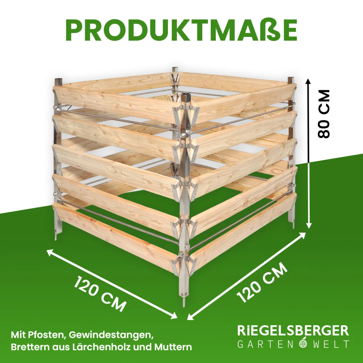 Eleganter Komposter Single 120x120xH80 cm aus Lärche mit Edelstahlpfosten
