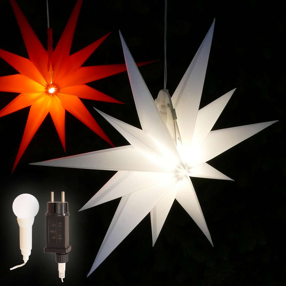 Zackenstern-mit-led-birne Faltstern Ø 50 cm weiß/rot 11 Zacken aus Kunstoff-Folie mit LED-Birne warmweiß Weihnachtsstern
