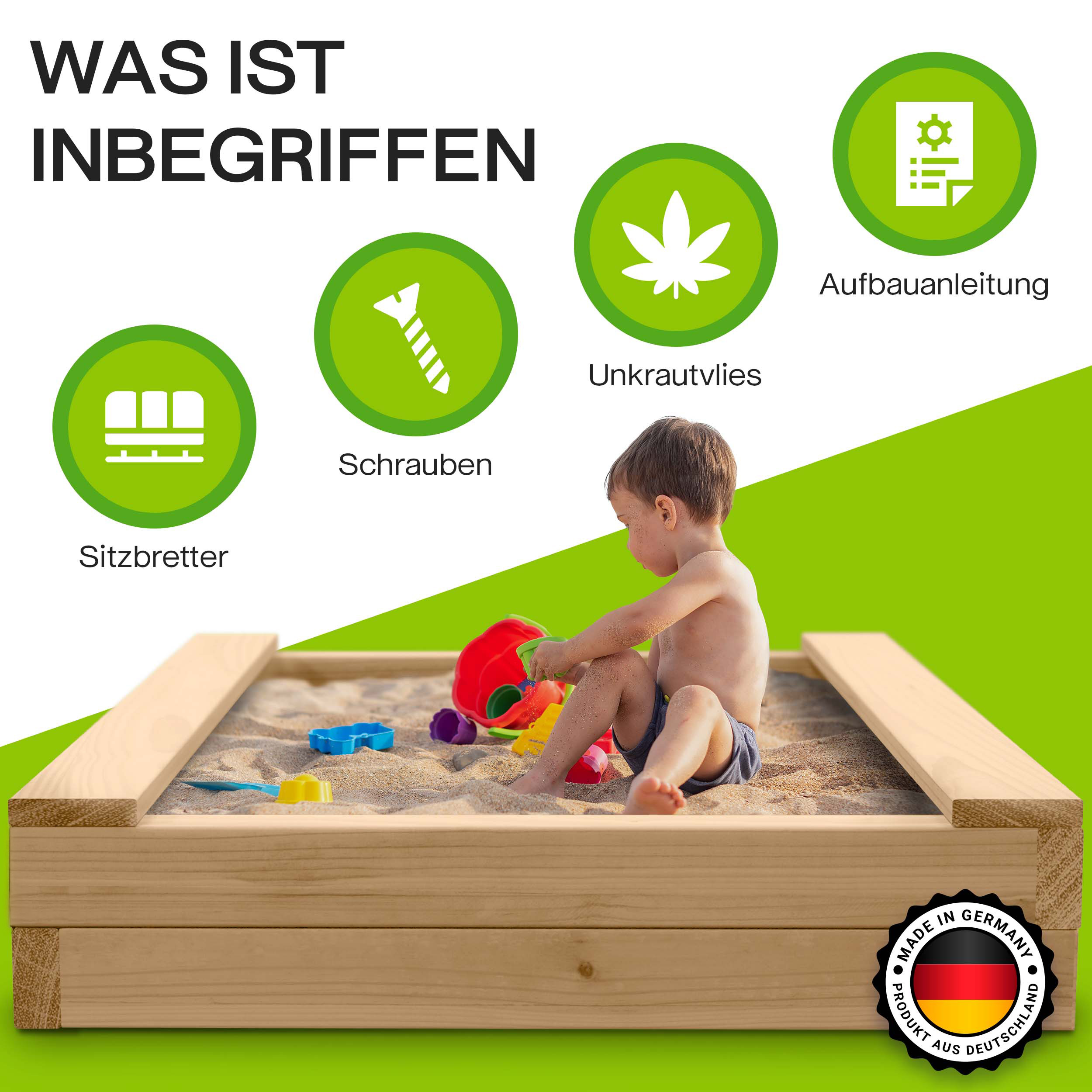 Sandkasten BULLE Lärche natur 45 mm inkl. Sitzbretter und Bodenplane Sandbox Sandkasten BULLE Lärche natur 45 mm inkl. Sitzbretter und Bodenplane Sandbox