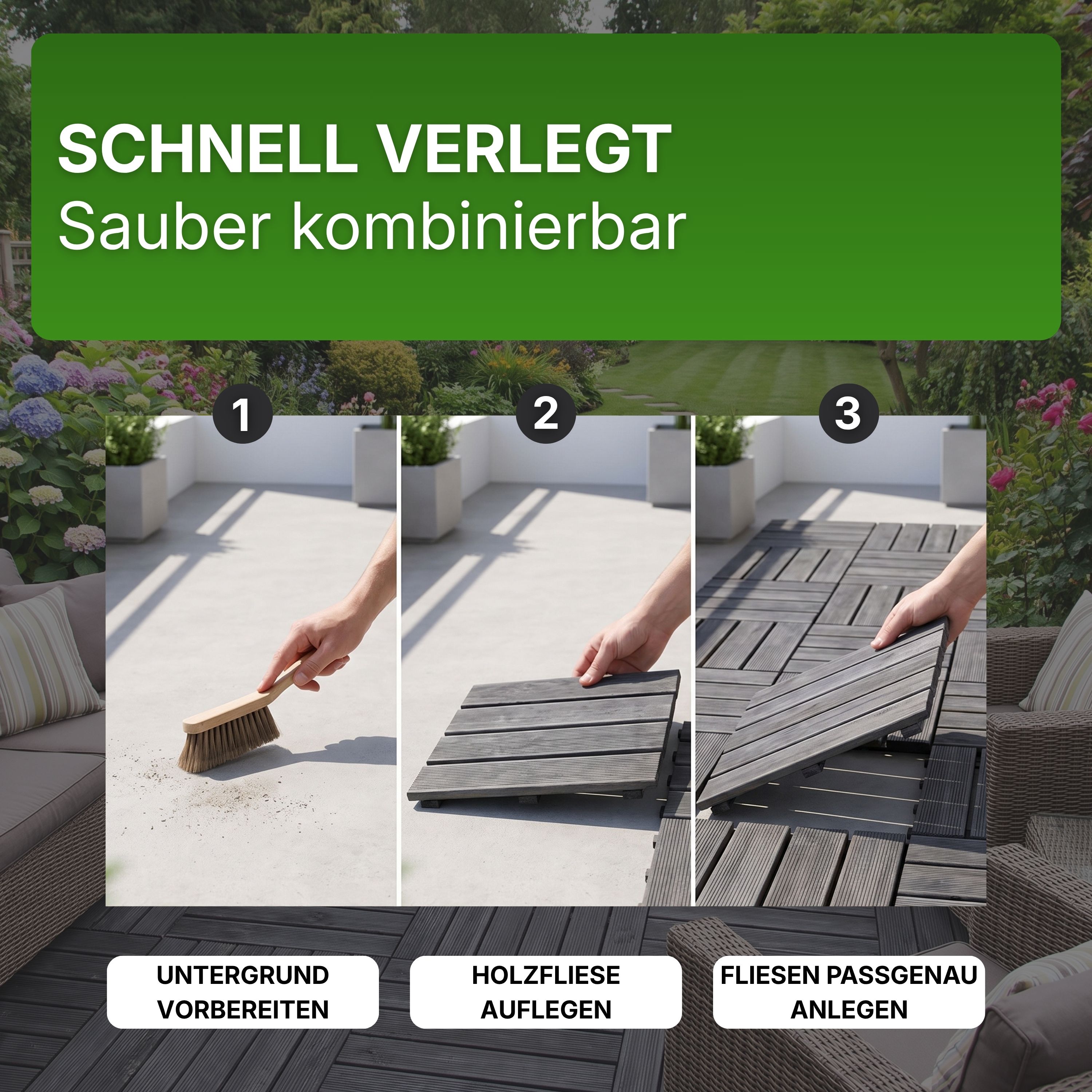 Terrassenfliese aus Kiefernholz GRAU imprägniert 50x50cm Holzfliese Balkonfliese Fliese Terrasse