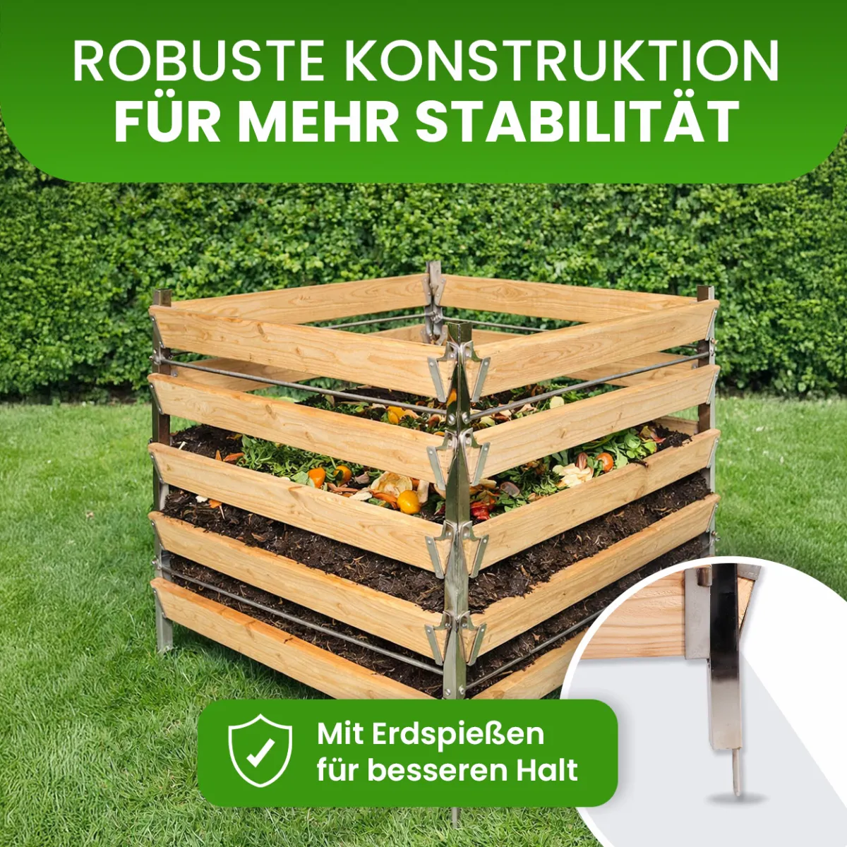 Eleganter Komposter Single 80x80xH100 cm aus Lärche mit Edelstahlpfosten 
