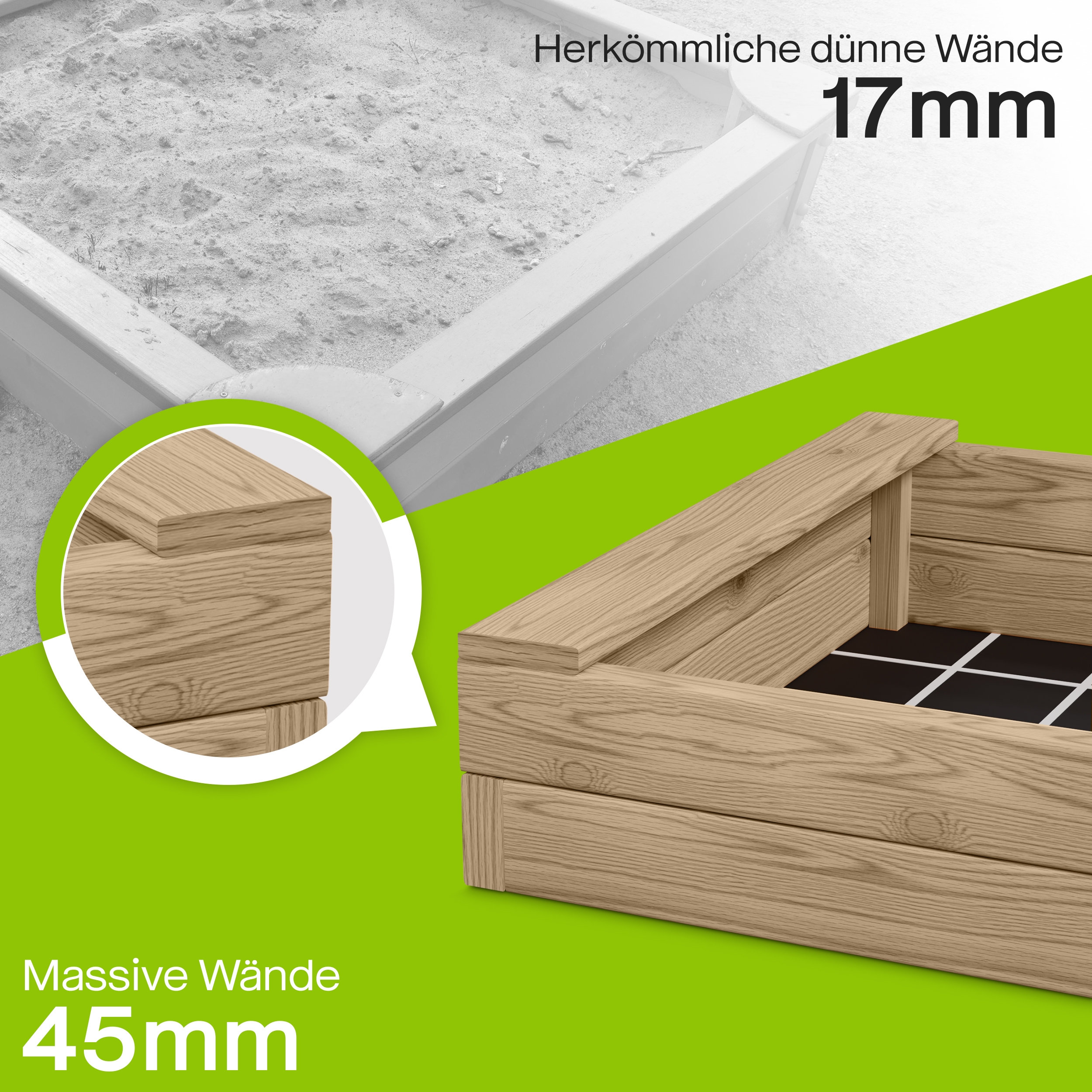 3U3aiAKLV5mfc7 Sandkasten BULLE Lärche natur 45 mm inkl. Sitzbretter und Bodenplane Sandbox