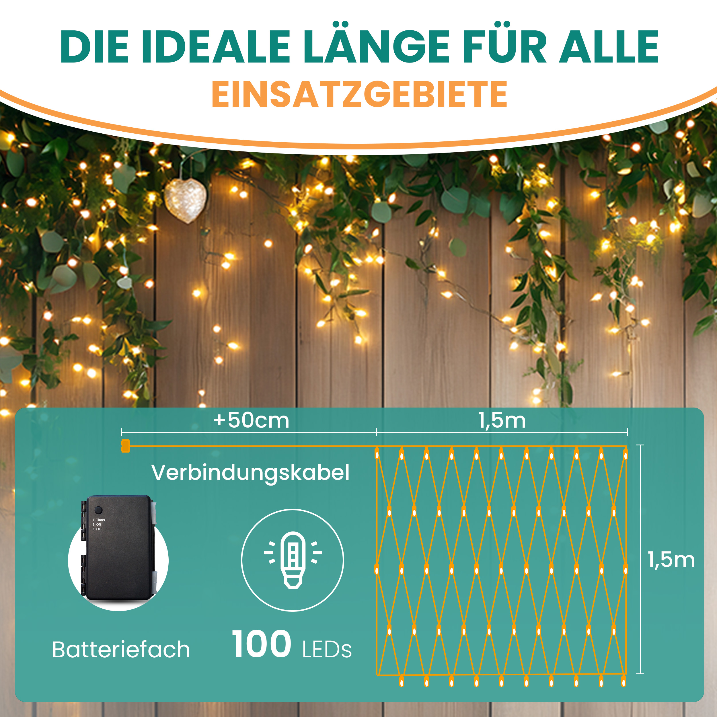 Lichternetz mit warmweißen LEDs und Timer Batteriebetrieben für innen und außen Lichternetz mit warmweißen LEDs und Timer Batteriebetrieben für innen und außen