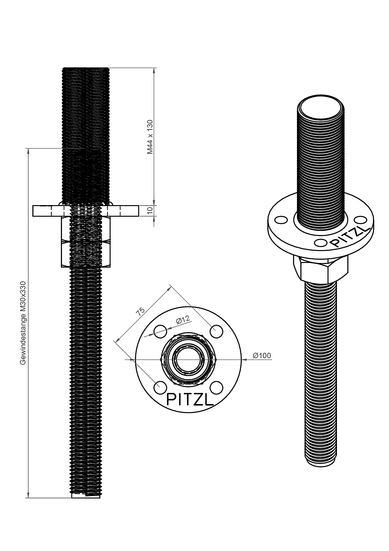 Pitzl Pfostenträger zum Einbetonieren starre Ausführung mit Gewinderohr