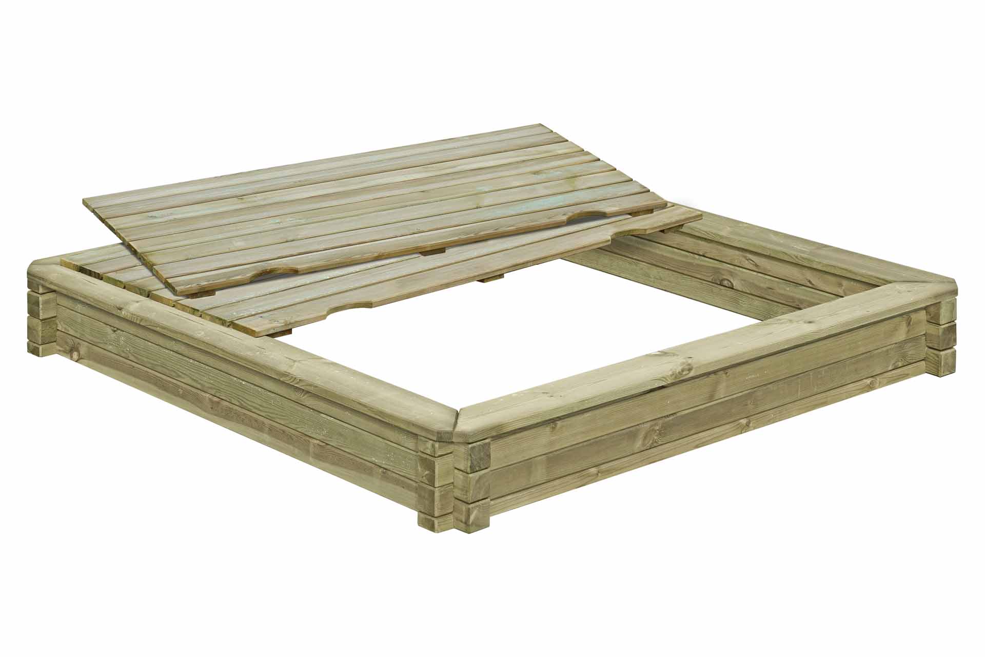 67066-67044-W1 Sandkasten 180x180 cm mit Deckel aus Kantholz 7x7 cm TÜV geprüft