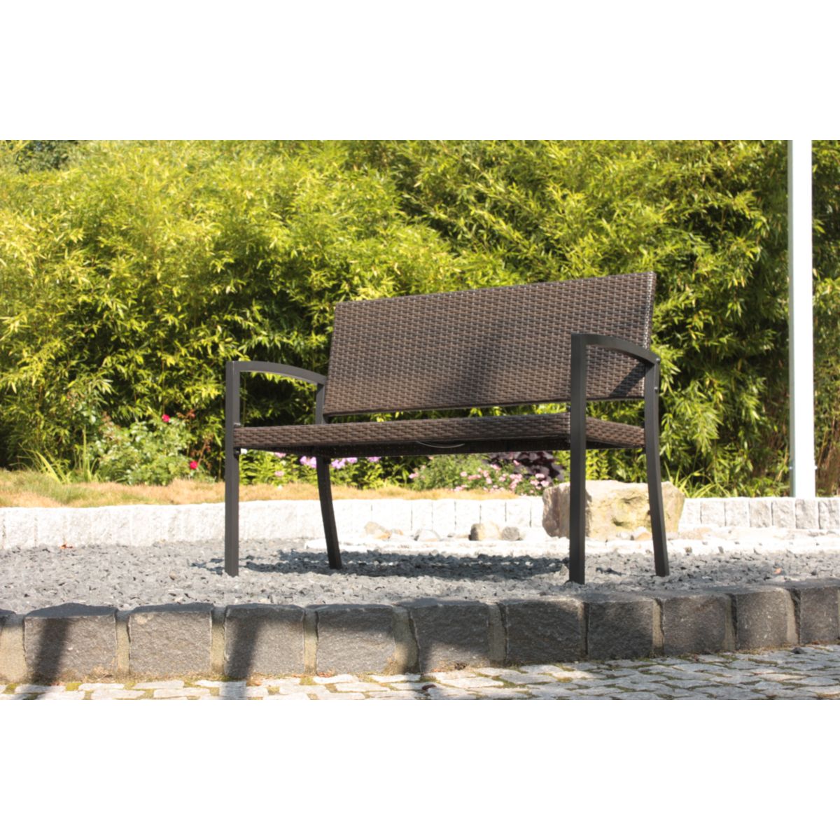 Stabile Gartenbank Freiburg coffee 116x60xH87 cm Rattan Sitzbank Belastbarkeit bis 250 kg