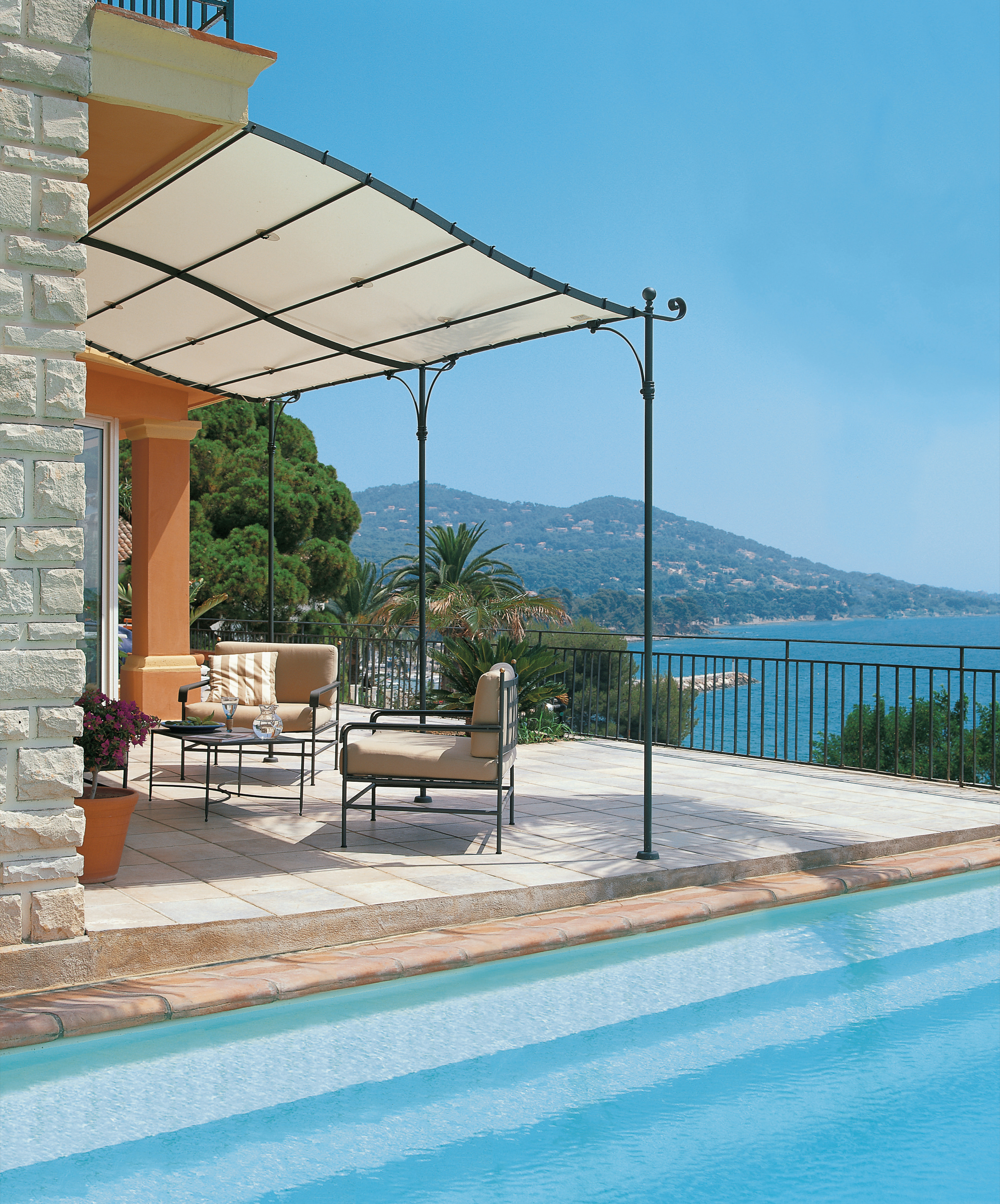 unopiu-0253 Unopiu Gebogene Anbaupergola Solaire Überdachung Set Breite 376 cm