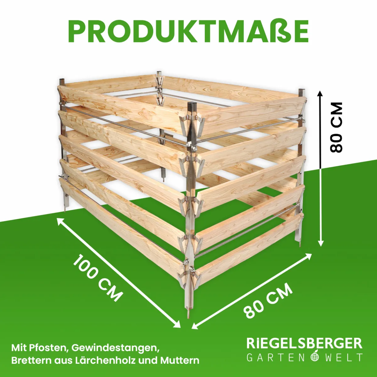 Eleganter Komposter Single 80x100xH80 cm aus Lärche mit Edelstahlpfosten