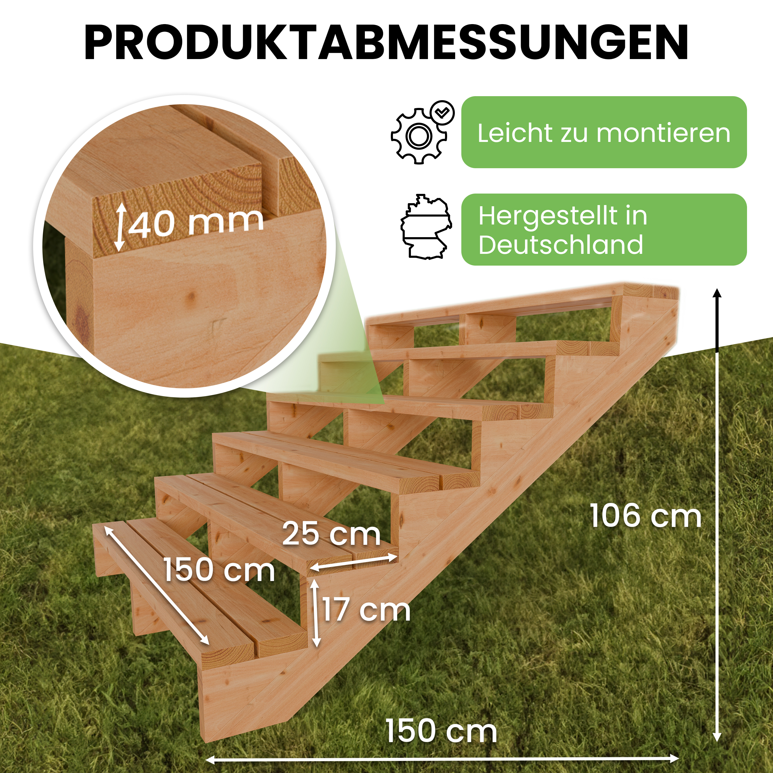 Terrassentreppe Lärche 6 Stufen 150 cm – Komplettset mit Stufen
