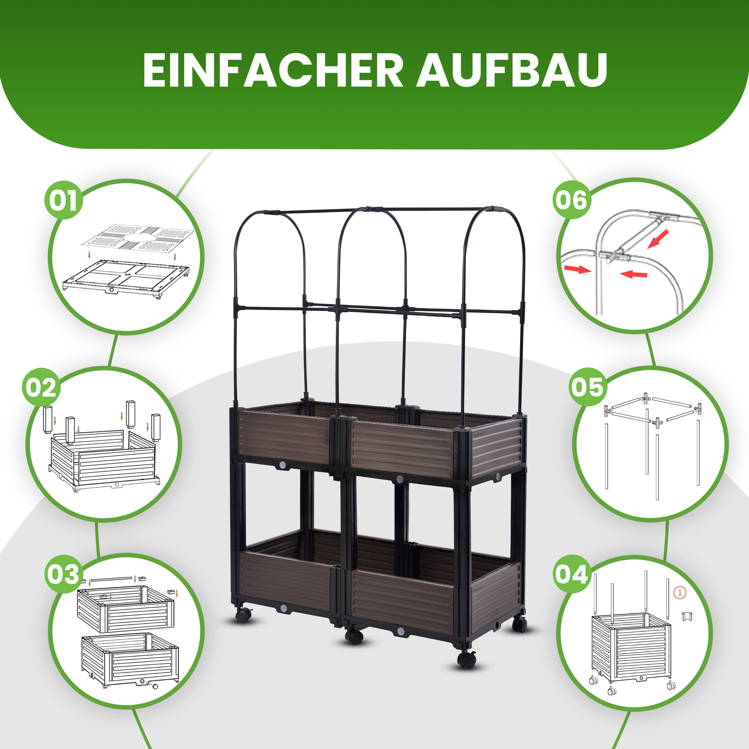 5FQmvBwH83fHS9 Hochbeet mit Frühbeet 2 Ebenen 82x41xH135 cm Foliengewächshaus auf Rädern