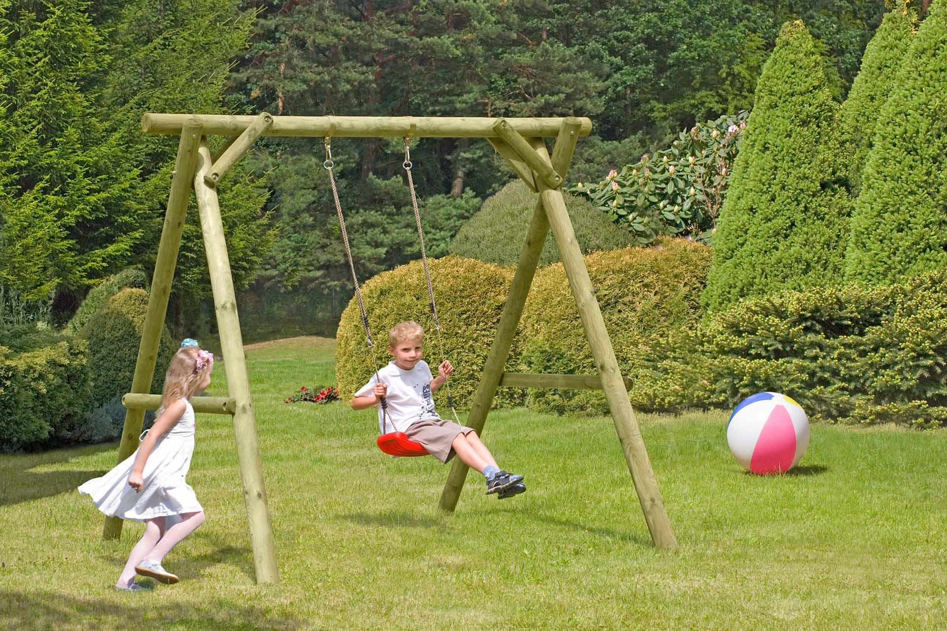 67133_Garten Kinderschaukel Classic 1.1 Kiefer imprägniert Einzelschaukel mit rotem Schaukelsitz TÜV geprüft