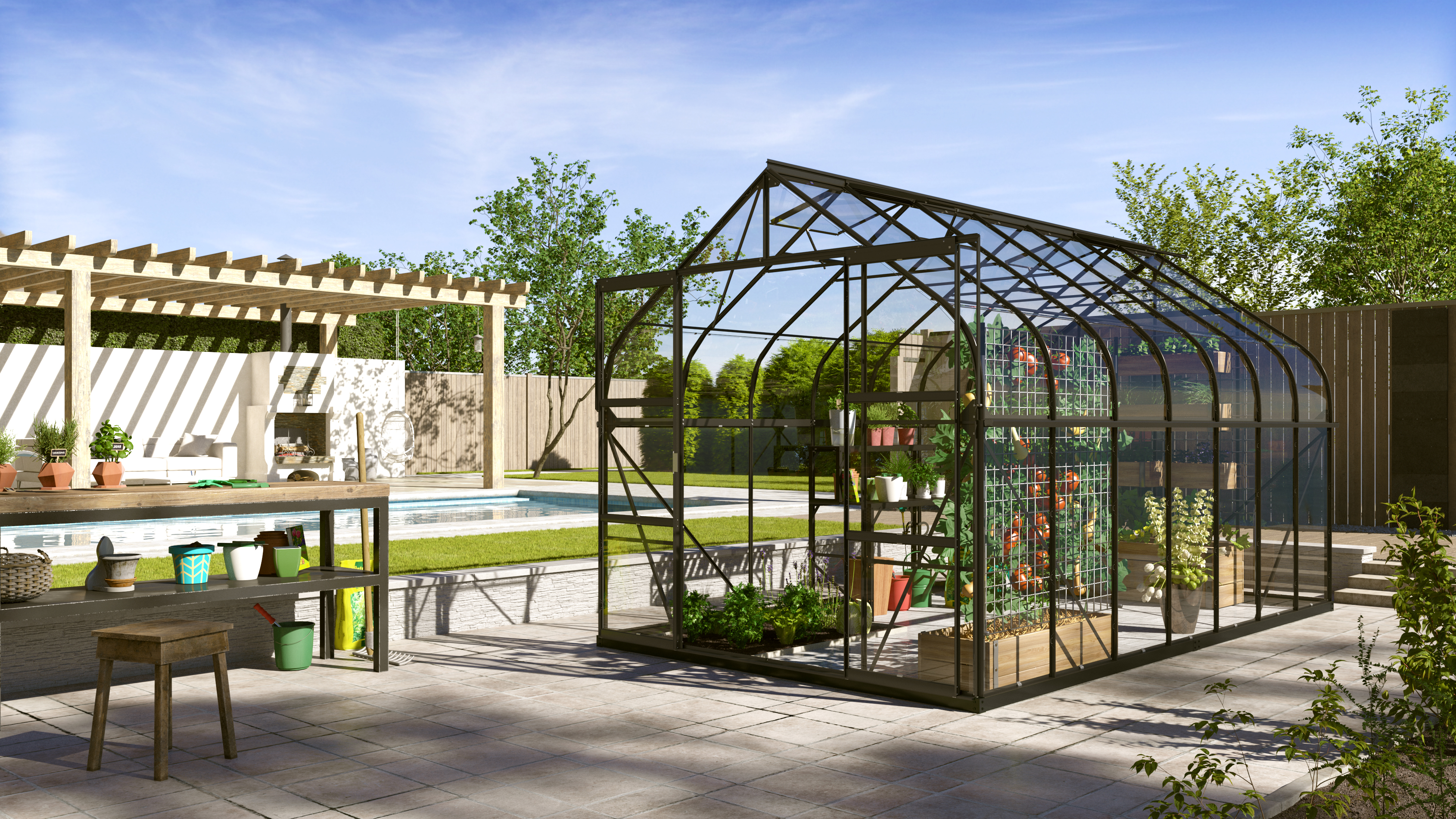 Gewächshaus Dione 11500 ESG3mm, schwarz inkl. Fundament