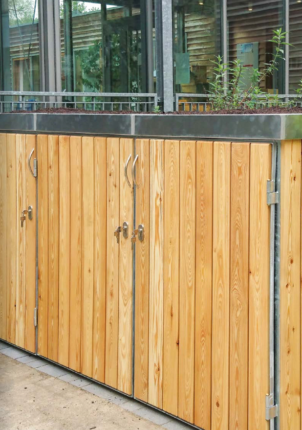 Muelltonnenschrank12JDRCE3pMcGJJ1 Mülltonnenschrank-Systeme mit Drehtüren Stahlgestell Echtholz für 4 Mülltonnen 240 Liter