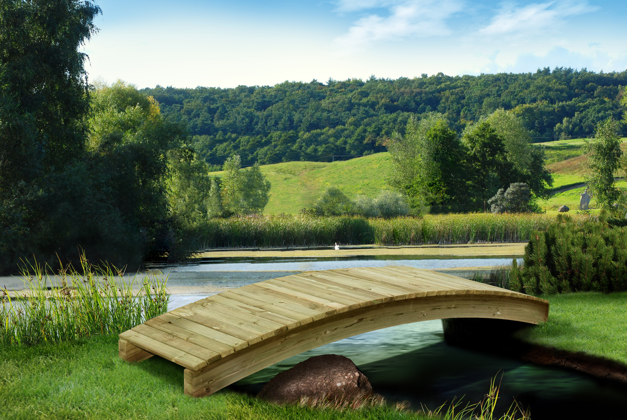 bruecke_ohne-Handlauf_66030 Holzbrücke ohne Handlauf aus Kiefernholz KDI Gartenbrücke Teichbrücke Steg