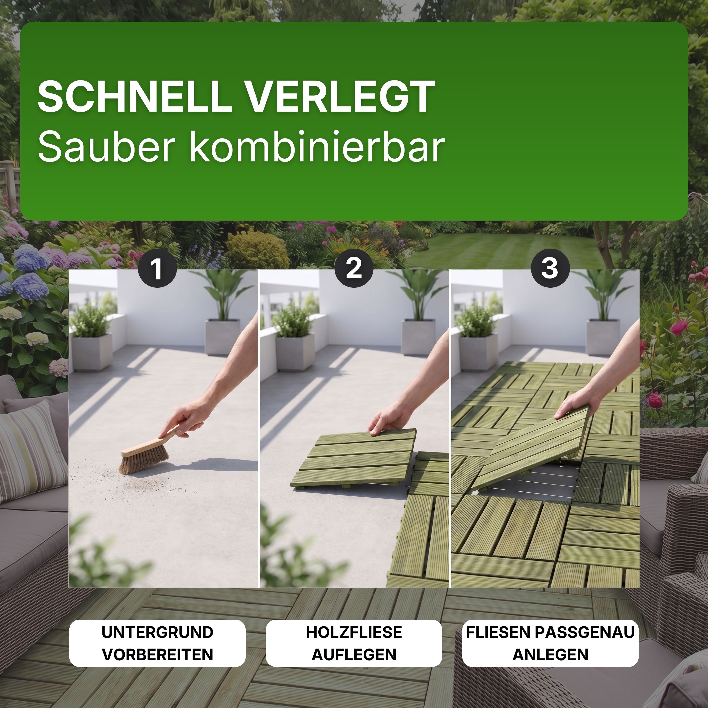 Terrassenfliese aus Kiefernholz GRÜN imprägniert 50x50cm Holzfliese Balkonfliese Fliese Terrasse