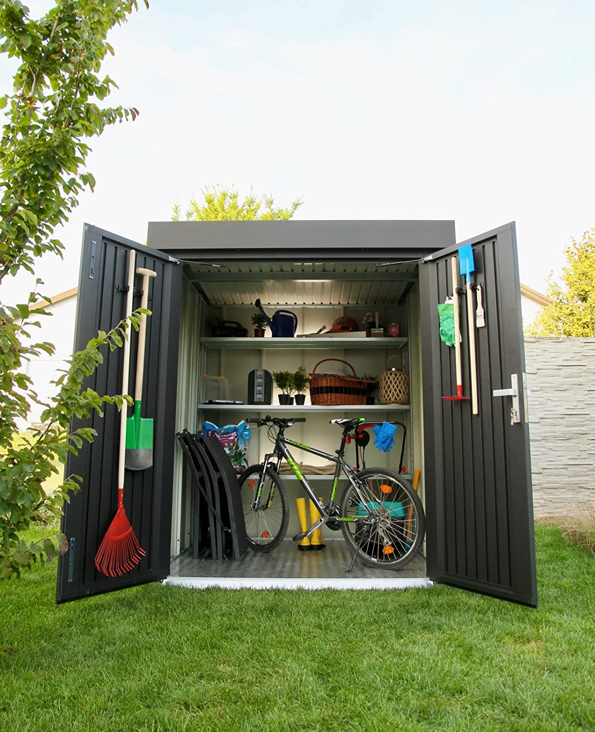 AmbienteLSScxgwrtf6al Gerätehaus mit Pultdach aus Metall Geräteschuppen Gartenhaus Gartenhütte