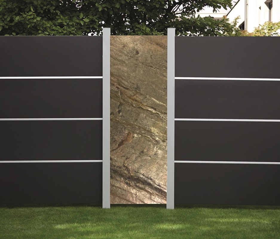 Steinfurnier Elevato Sichtschutzsystem moderner Gartenzaun aus HPL pflegefrei Board