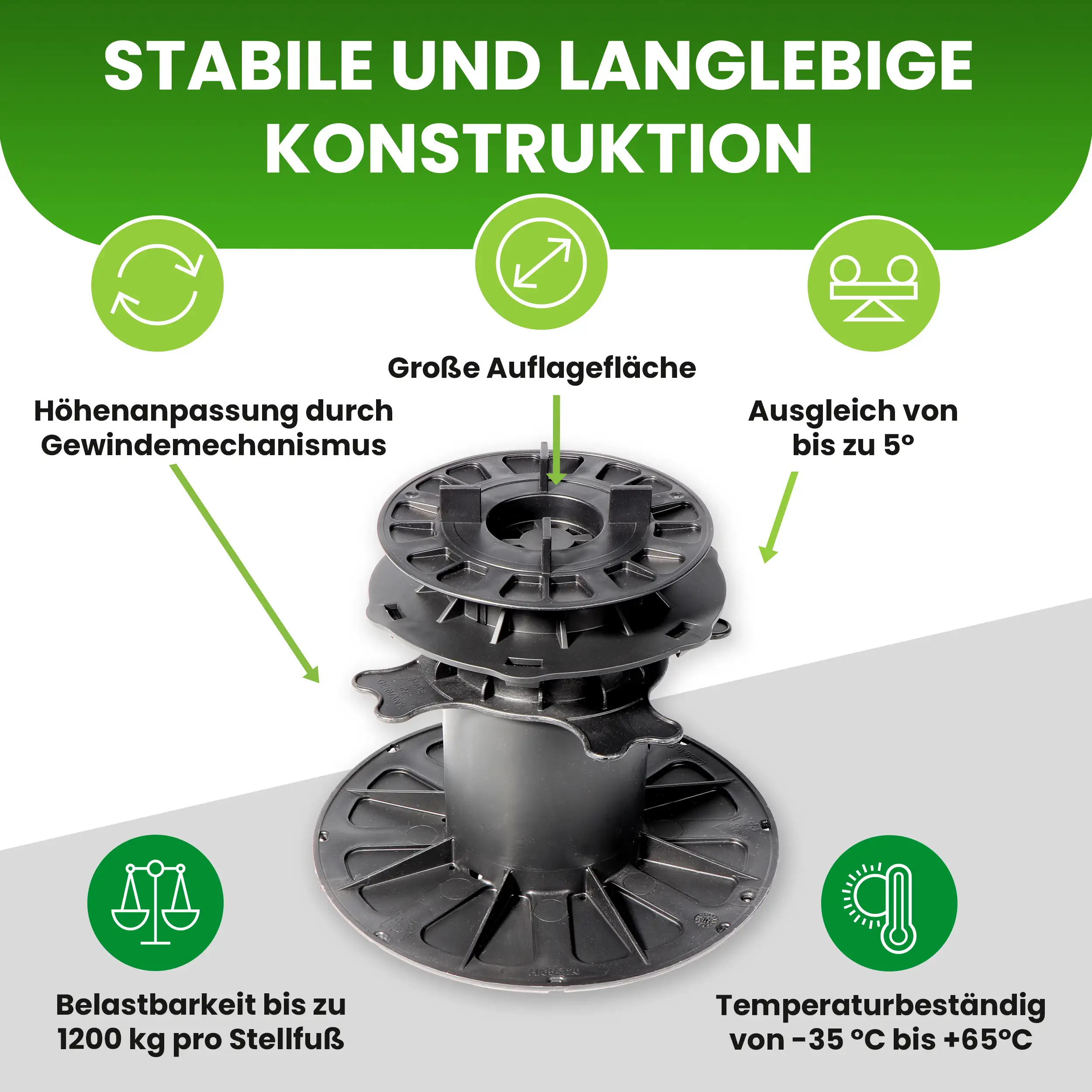 Premium Plattenlager 200–300 mm mit Gefälleausgleich für Terrassenplatten, 18 Stück