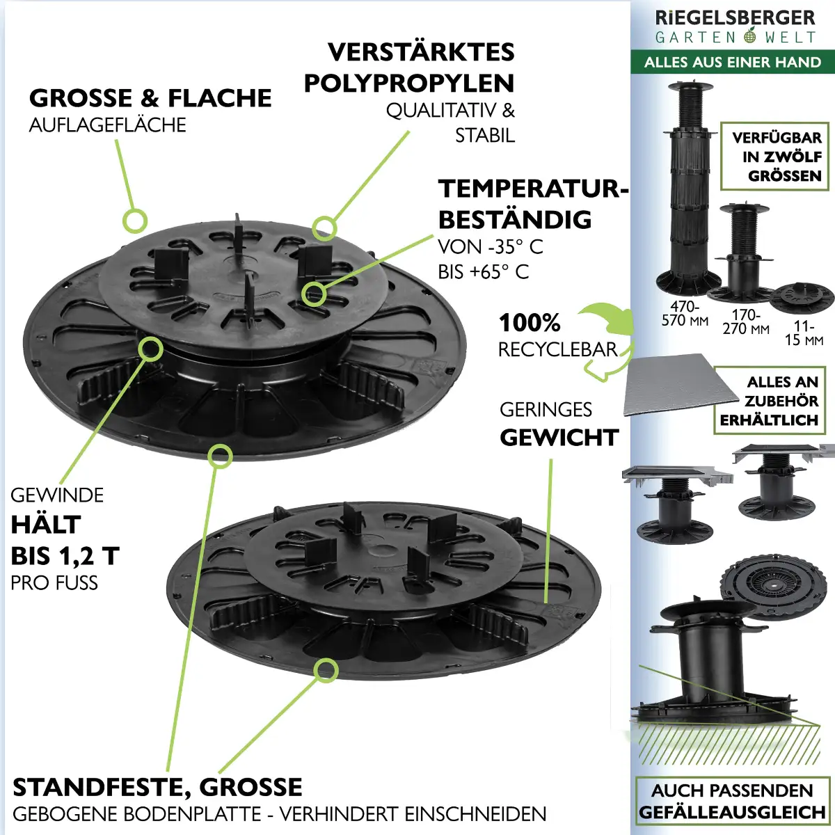 Plattenlager Premium 11–570 mm – höhenverstellbares Terrassenlager System