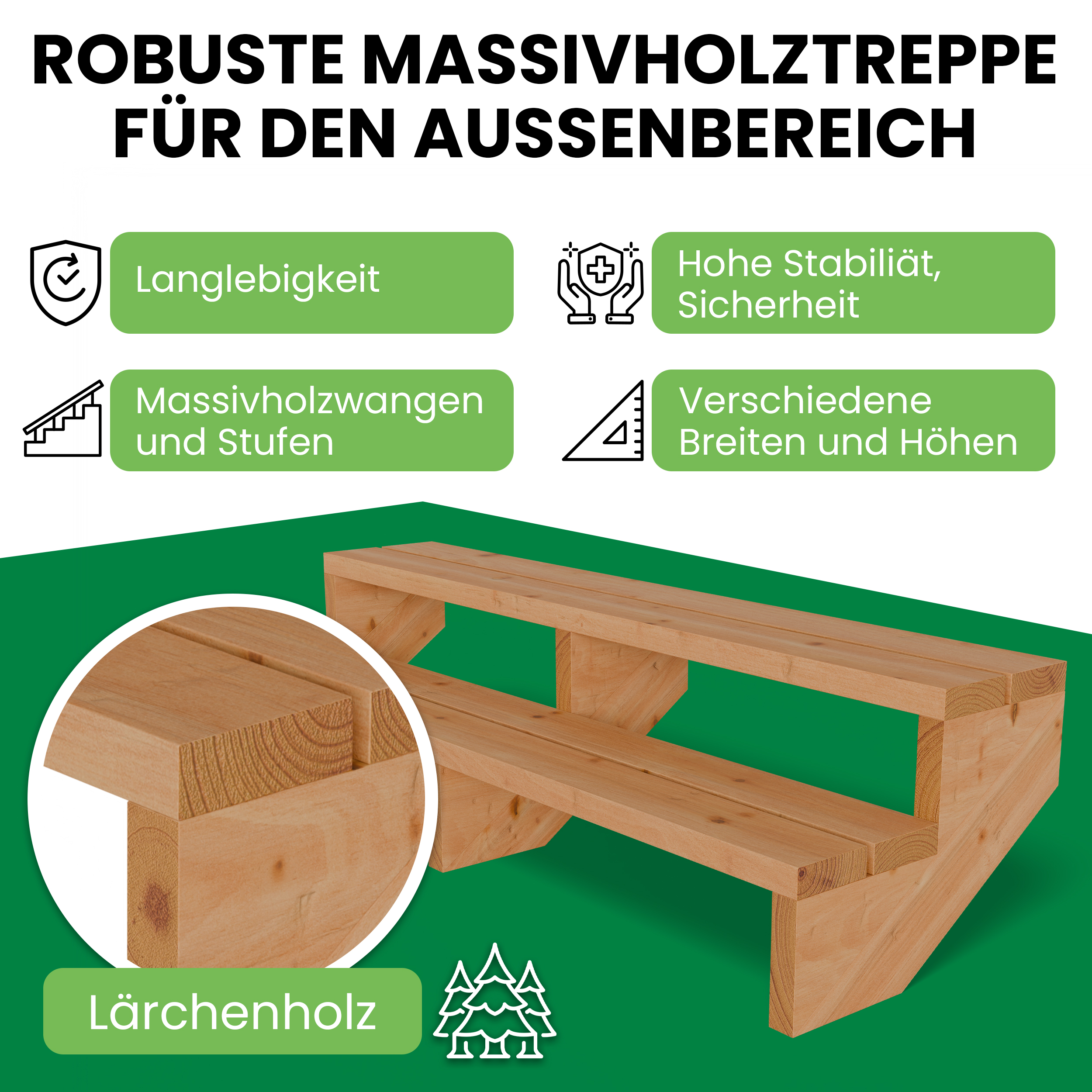 Terrassentreppe Lärche 2 Stufen 150 cm – Komplettset mit Stufen