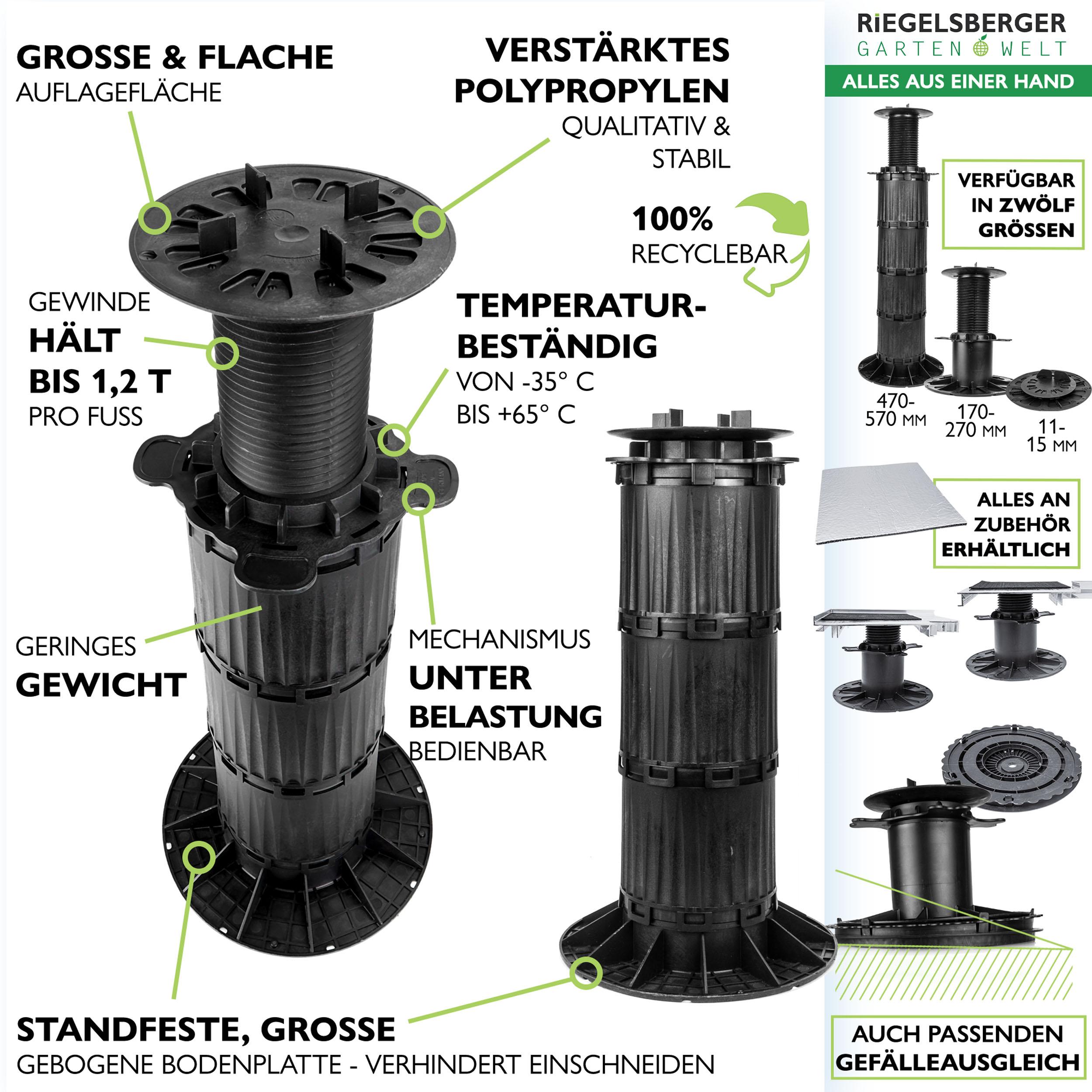 5_Features_370-470SlXh9ribAlgJL 1 Karton Plattenlager Premium für Stein Beton Keramikplatten Terrassenlager Stelzlager Stellfuß