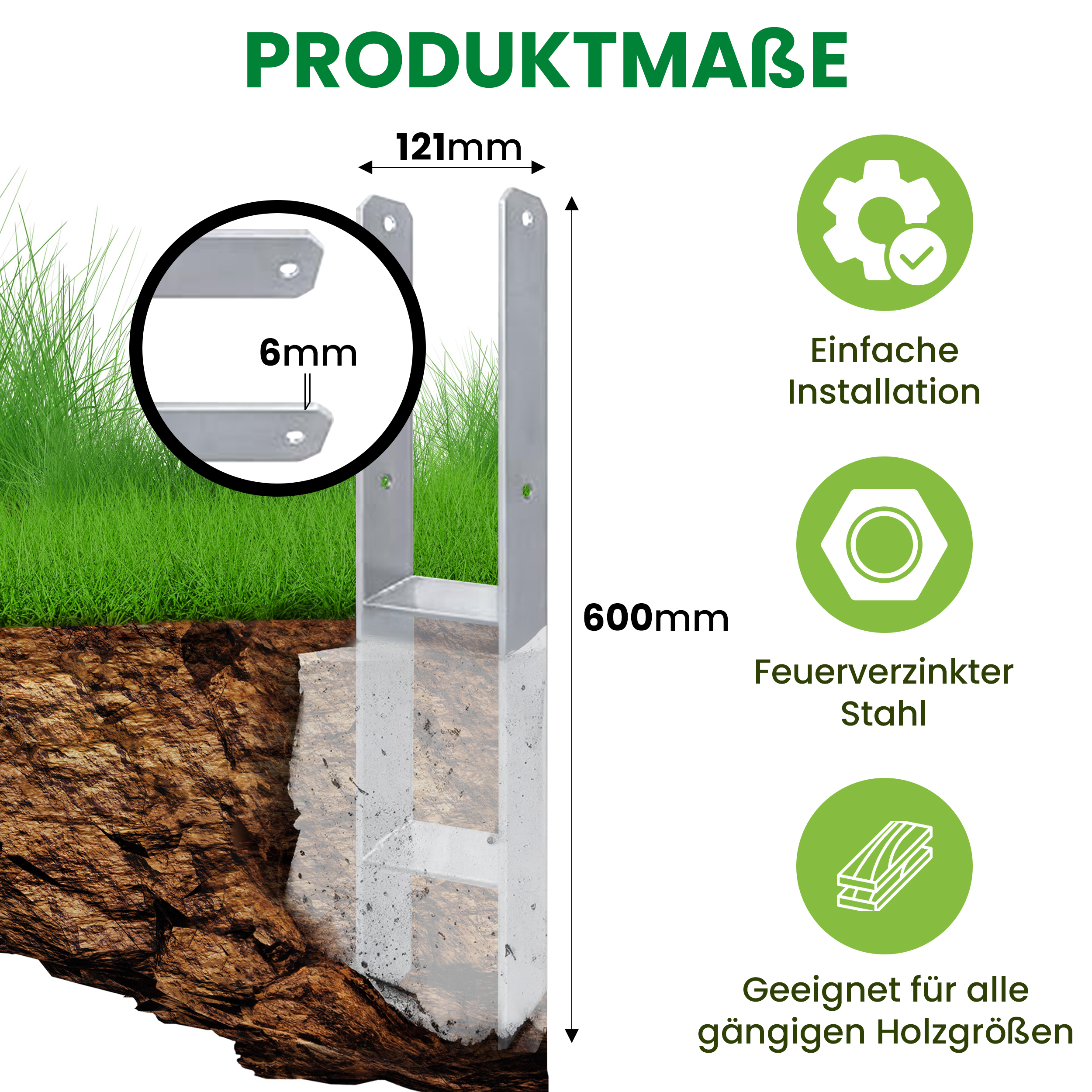 H-Pfostenträger 6 mm Bodenhülse Pfostenanker Pfostenschuh Anker Carport verzinkt