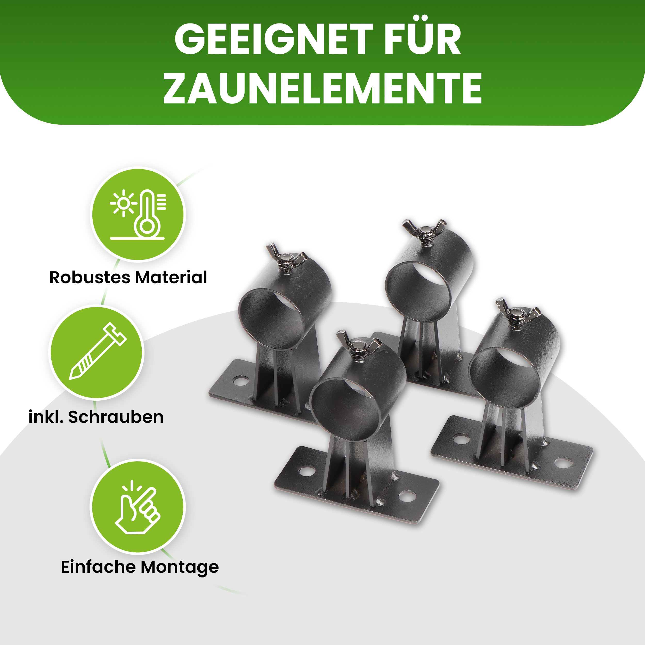 4er Set Wandhalterungen für Lamellenzäune mit Rohren von 30 mm Durchmesser 4er Set Wandhalterungen für Lamellenzäune mit Rohren von 30 mm Durchmesser