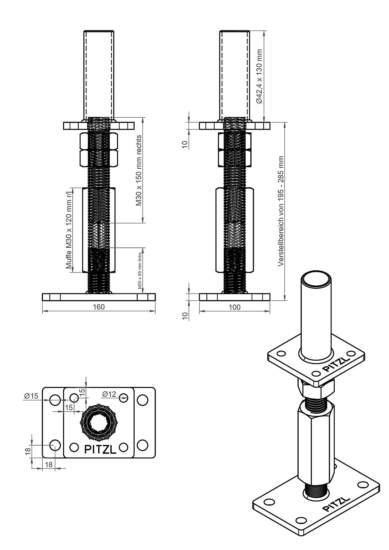 Pitzl Pfostenträger Schwer mit Rohr, ZiNiP beschichtet