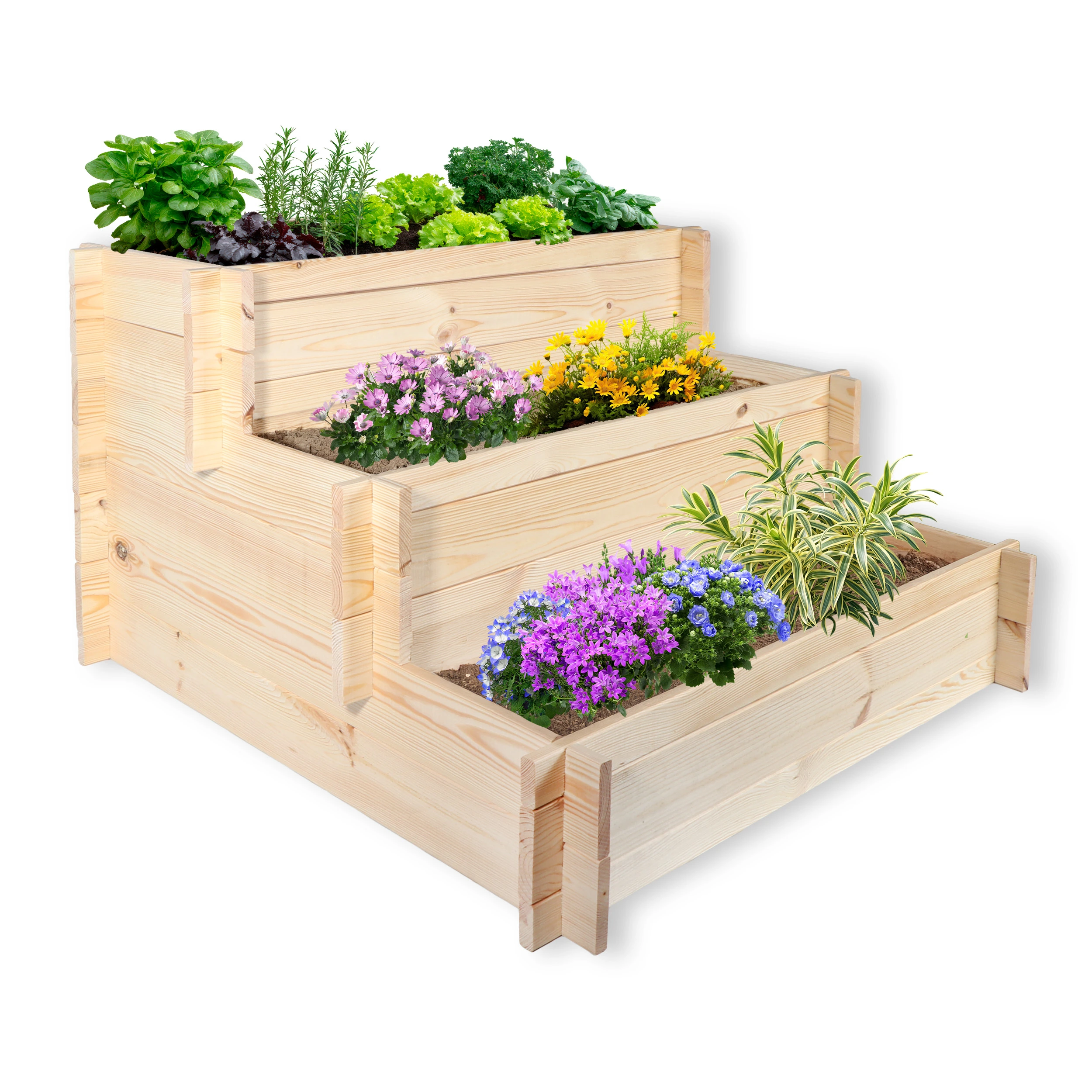 Stufenbeet aus Kiefer natur Pflanzkasten Beet für den Garten Pflanztreppe