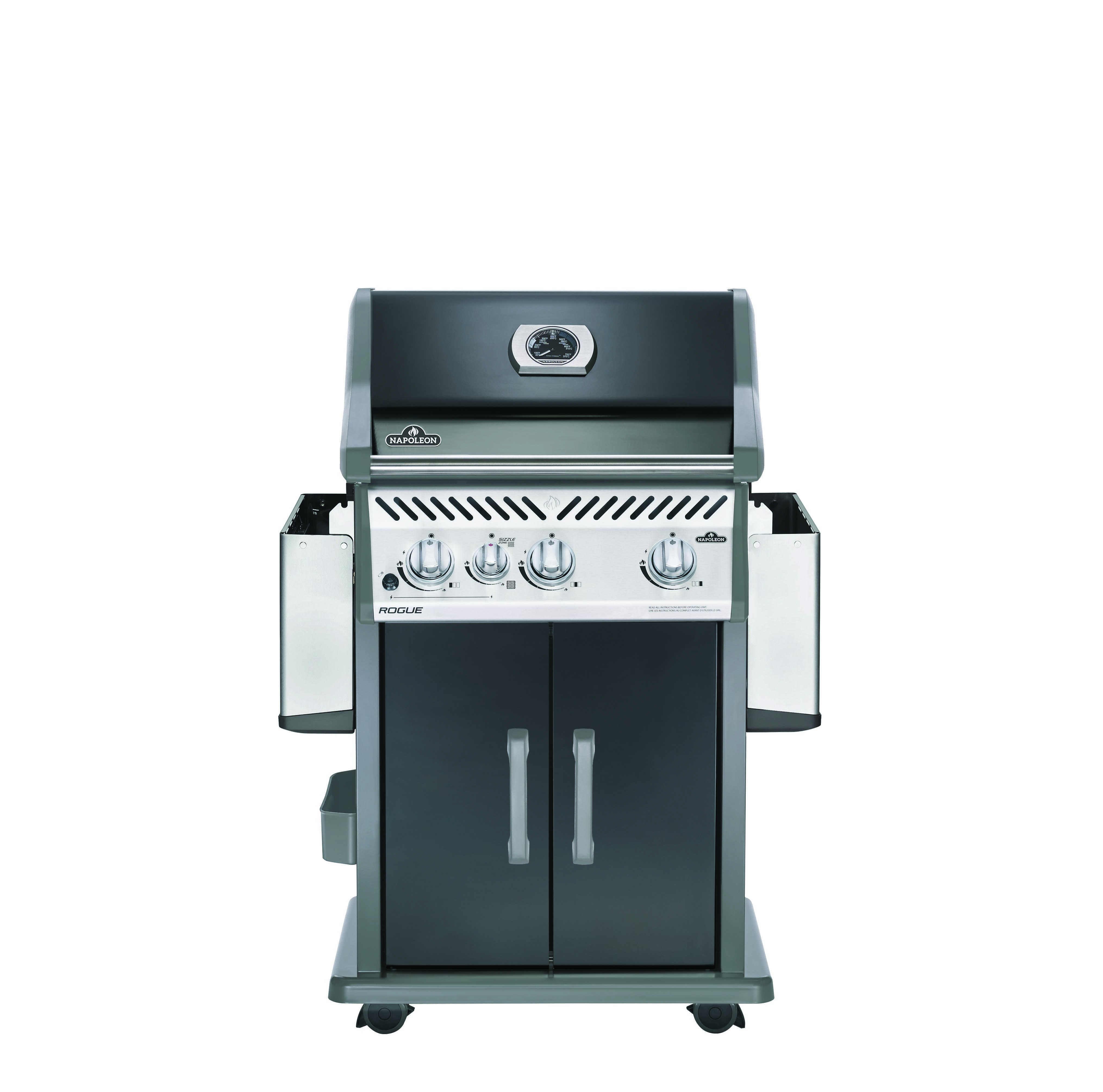 r425sibpk_front_shelves_down Napoleon Gasgrill Rogue SE425, mit Heck- und Seitenbrenner, Schwarz, inkl. Drehspieß