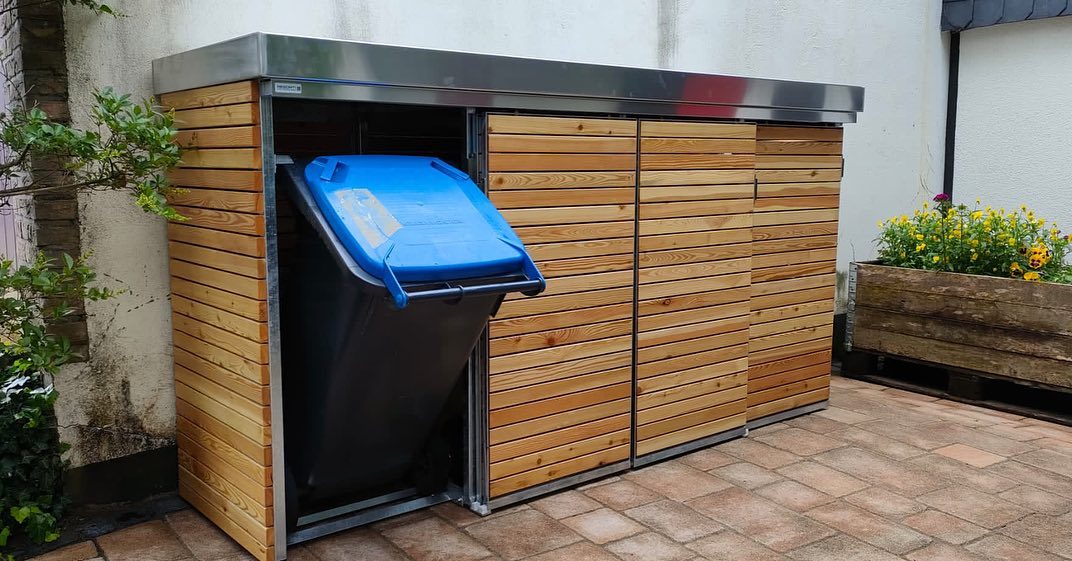 285660266_173343775053552_3635879053679700468_n Mülltonnenschrank-Systeme mit Schiebetüren Stahlgestell Echtholz für 4 Mülltonnen 240 Liter