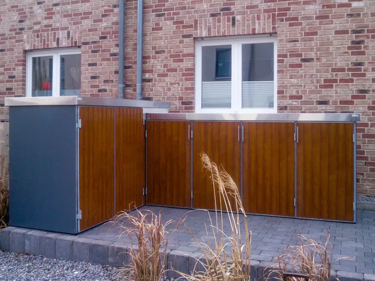 Mülltonnenschrank-Systeme mit Drehtüren Stahlgestell Echtholz für 2 Mülltonnen 120 Liter