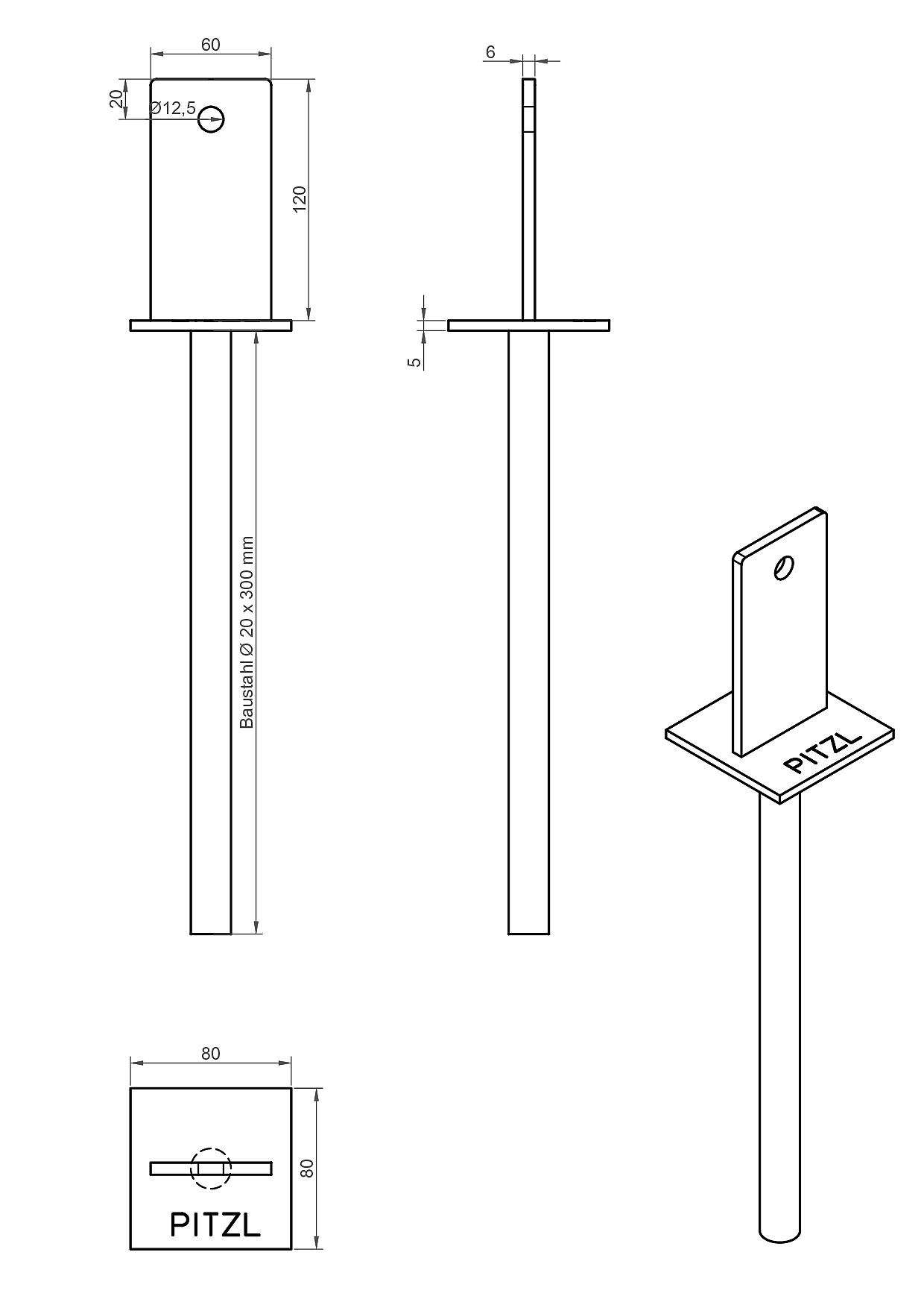 Pitzl Pfostenträger zum Einbetonieren starre Ausführung mit Schwert (+Betonstahl), feuerverzinkt
