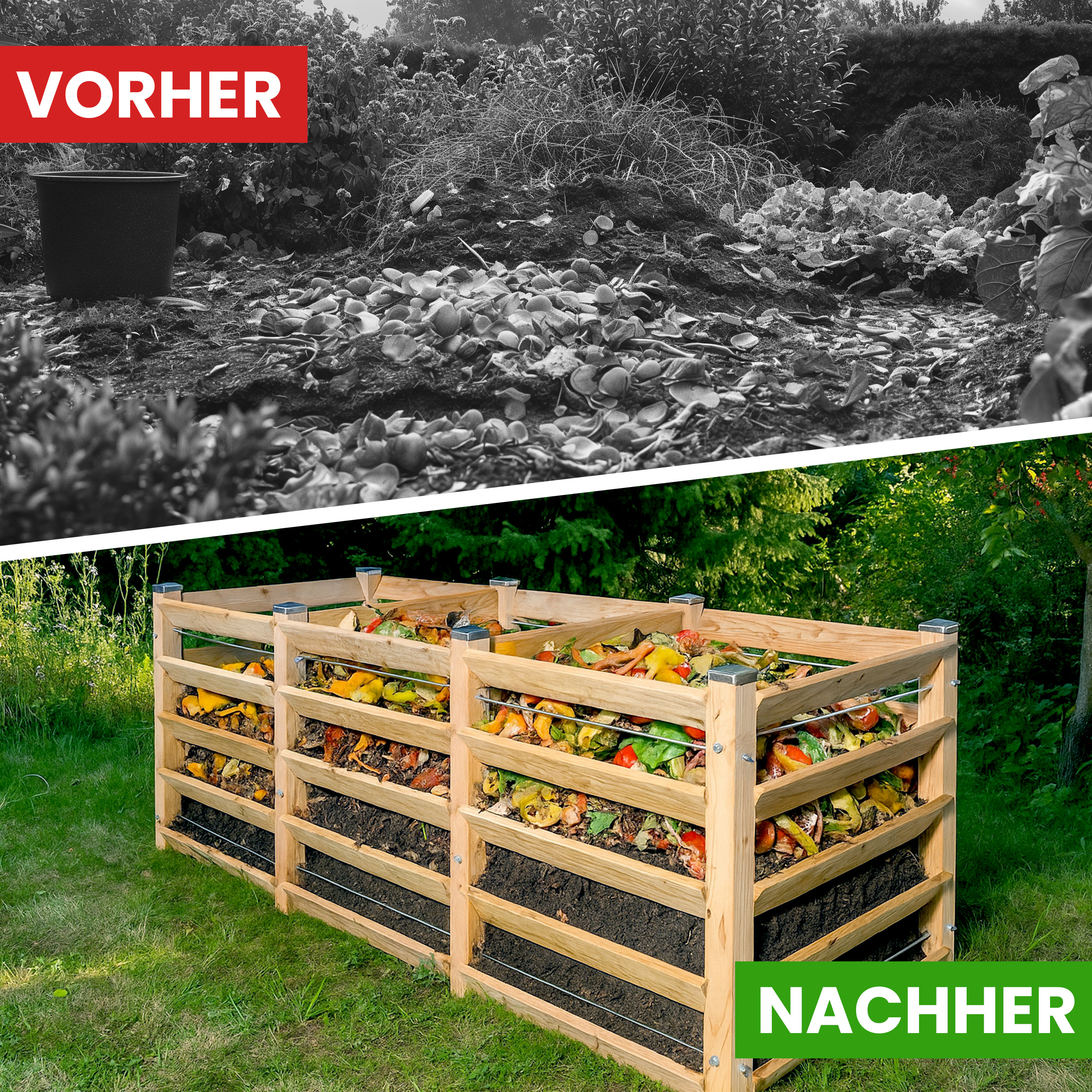 Moderner Komposter Trio aus Lärchenholz 120x346xH100 cm mit Stecksystem