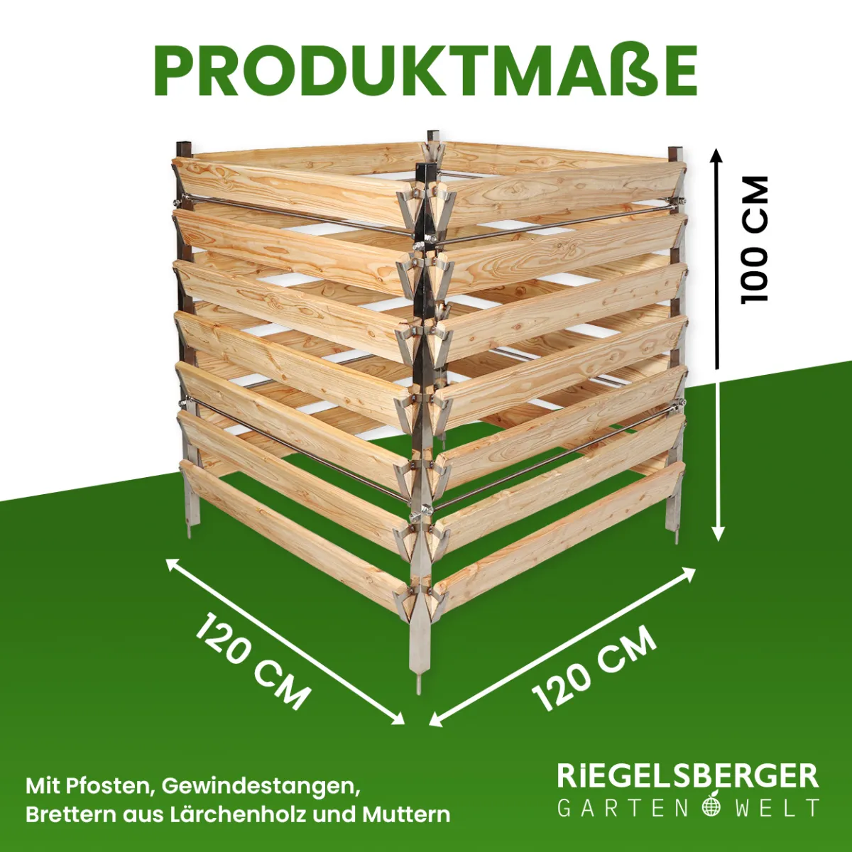 Eleganter Komposter Single 120x120xH100 cm aus Lärche mit Edelstahlpfosten