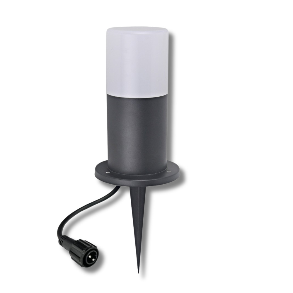 Schwarzer Zylinderpoller, ZEN - Ø 8,4cm + Pfahl - 230V/Klasse II - IP44 - LED-Lampe E27/5W - 3000°K