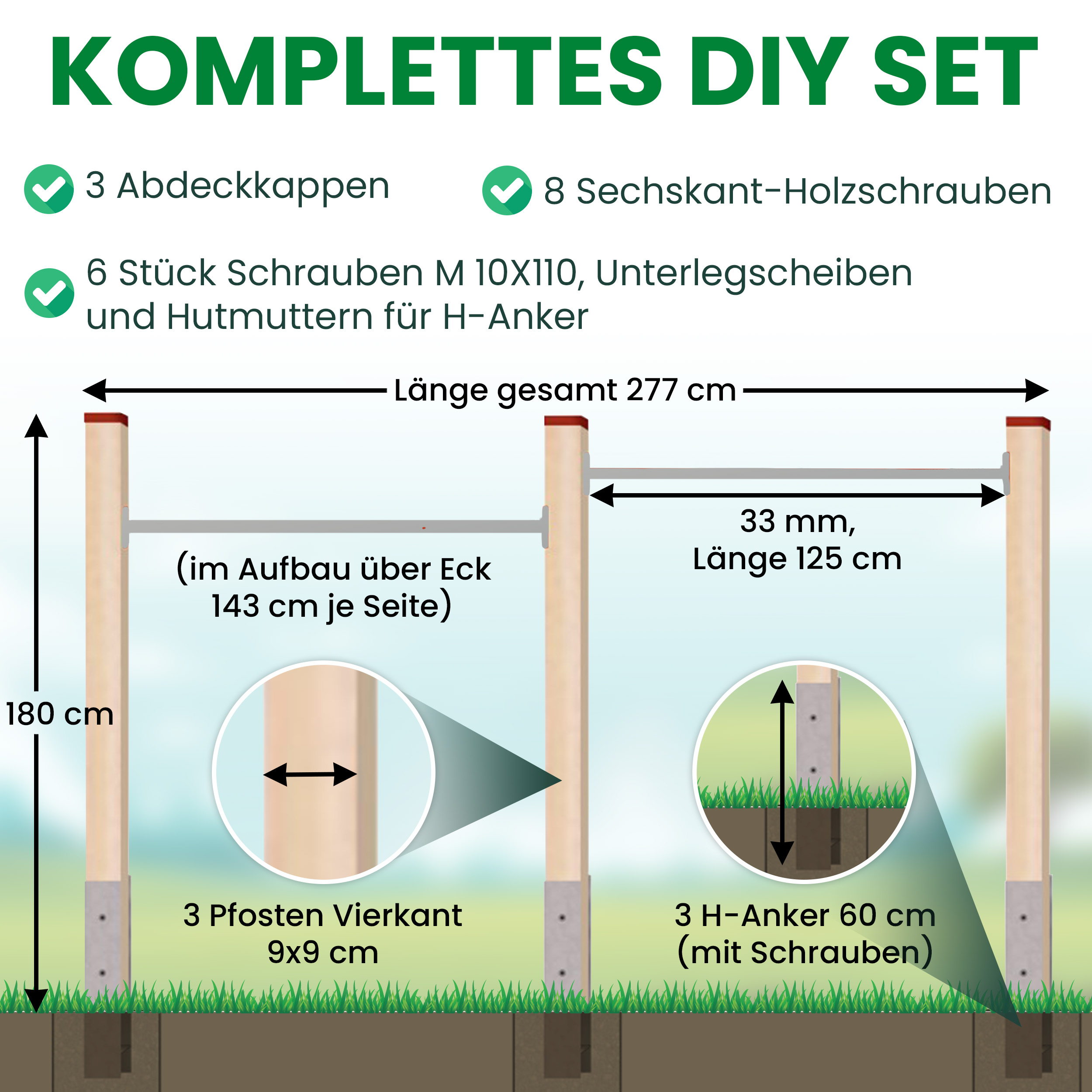 6UNSAFVXmRfLKU Turnreck aus Kantholz Kiefer imprägniert mit Edelstahl-Reckstange und H-Anker