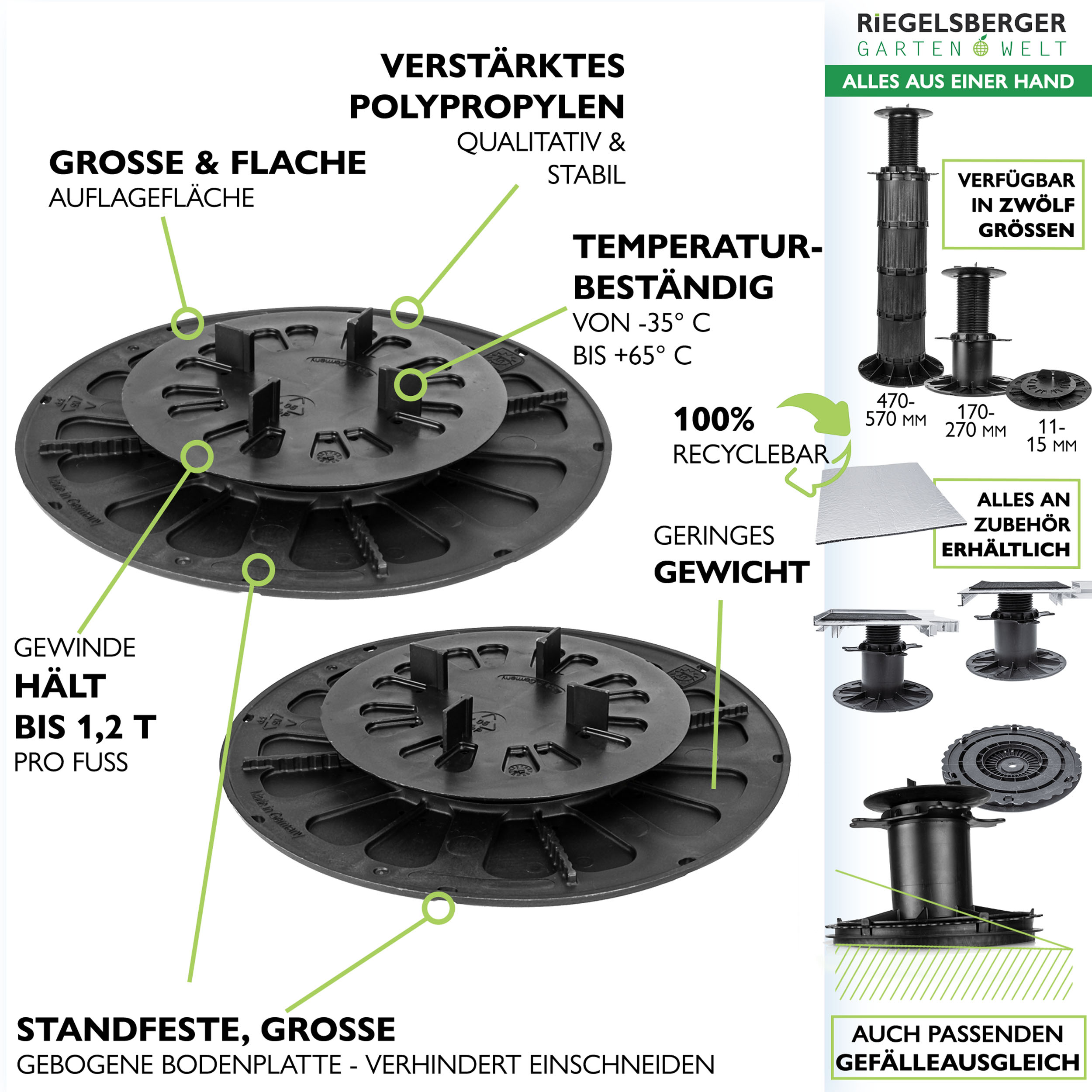 5_Features_15-19jGE1iavnGZ9Gt Plattenlager PREMIUM für Stein Beton Keramikplatten Terrassenlager Stelzlager Stellfuß verstellbar