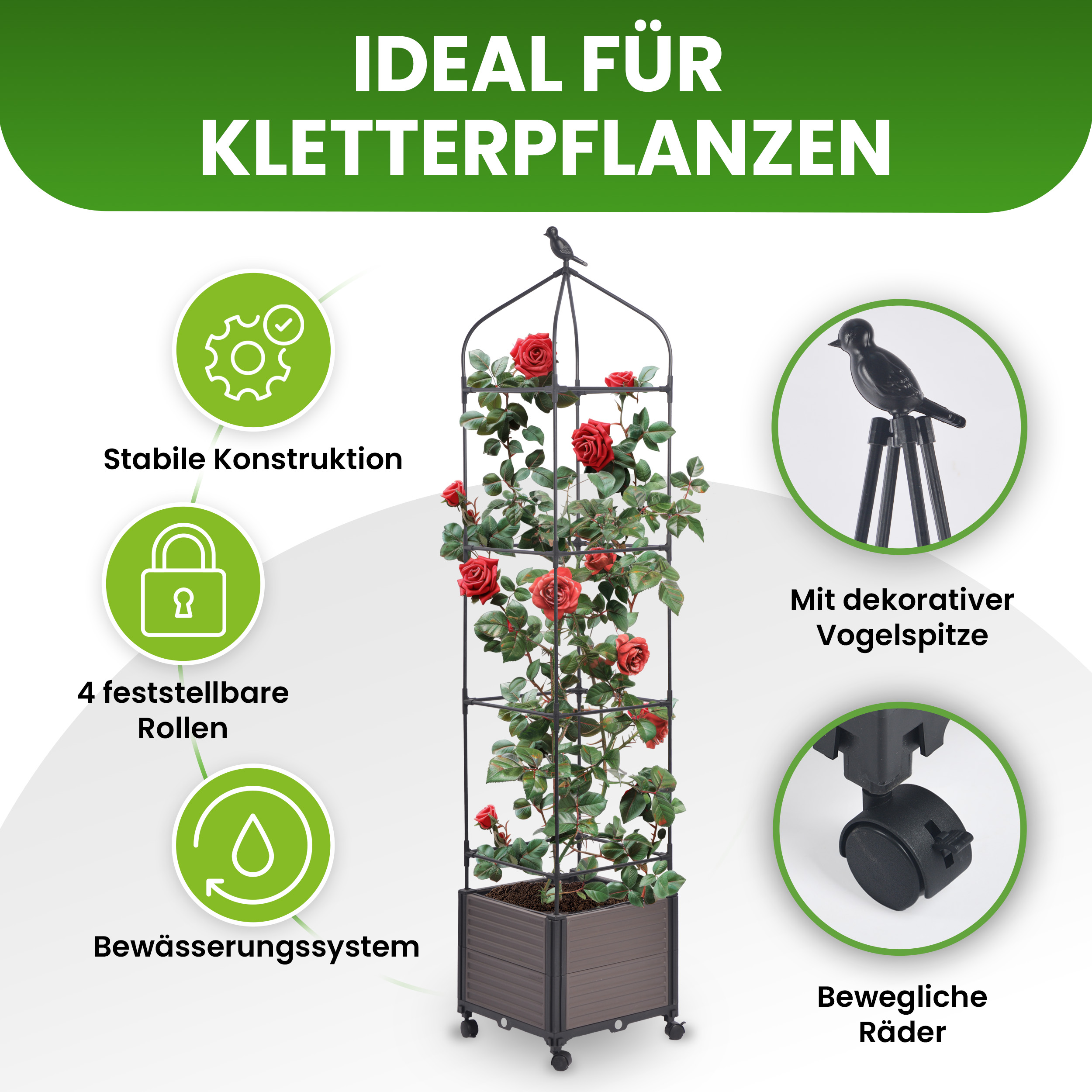 Pflanzkasten mit Rankhilfe 42x42xH200 cm Spalier 4 Ebenen Blumentopf auf Rädern Pflanzkasten mit Rankhilfe 42x42xH200 cm Spalier 4 Ebenen Blumentopf auf Rädern