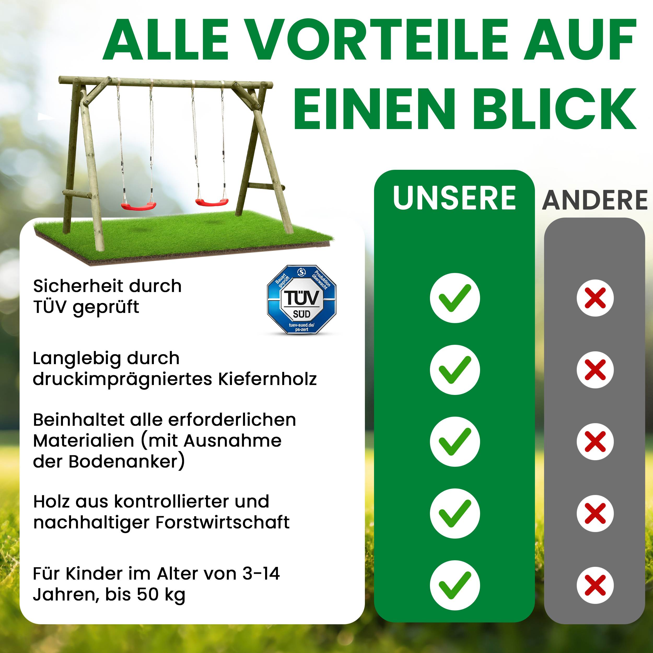 7C02KjsLSMAljd Doppelschaukel Iris Kiefer imprägniert Kinderschaukel mit zwei roten Schaukelsitzen TÜV geprüft